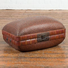 Vintage Chinese Woven Rattan and Bamboo Pillow Basket with Geometric Décor