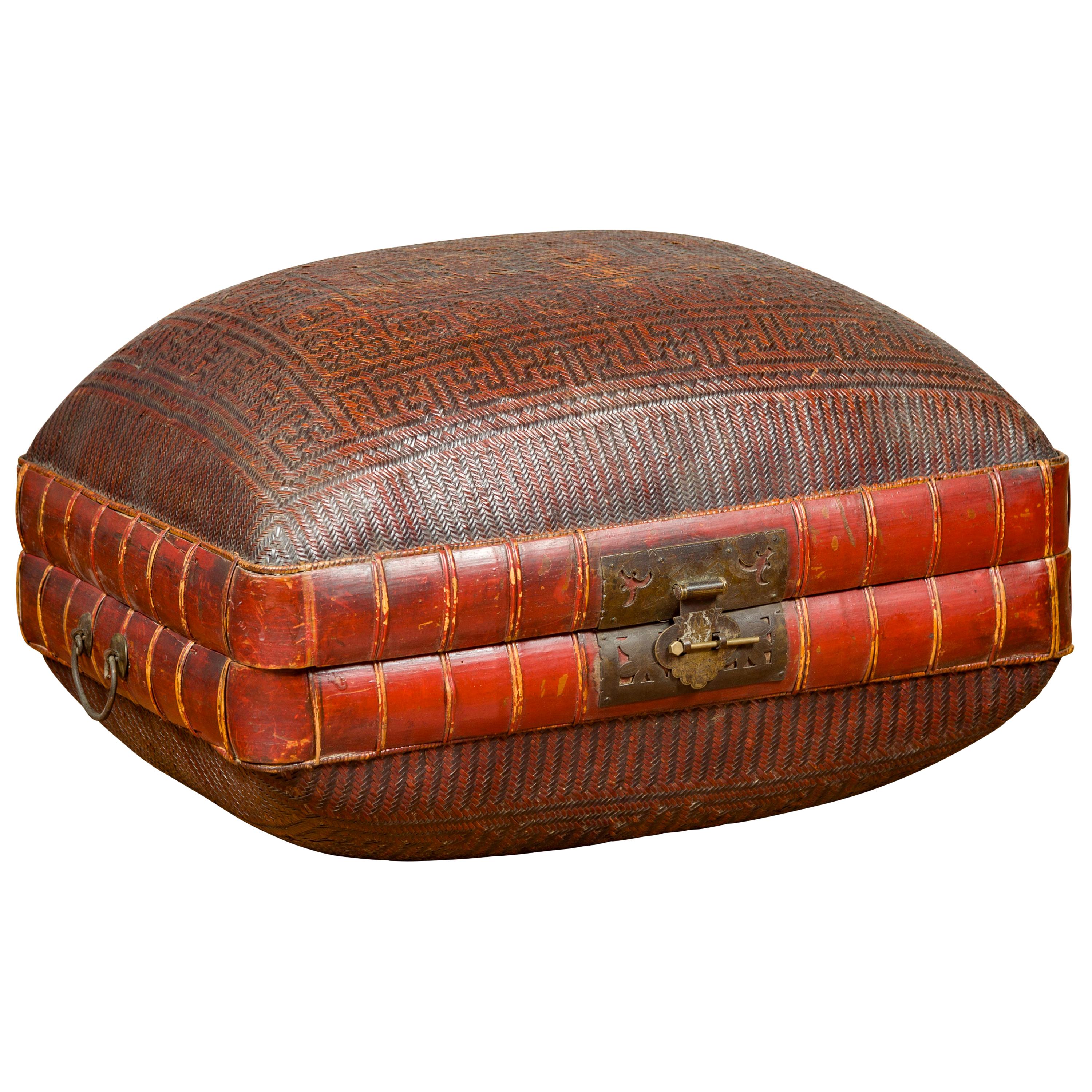 Vintage Chinese Woven Rattan and Bamboo Pillow Basket with Geometric