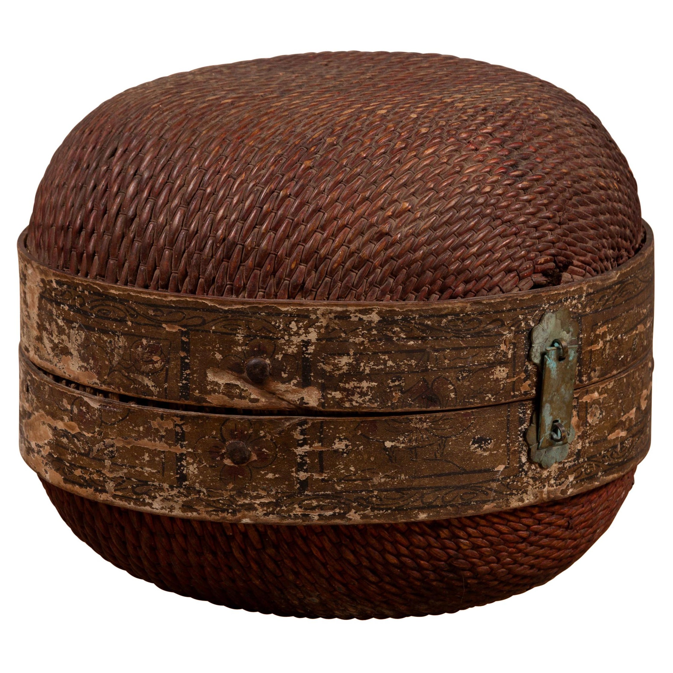 Vintage Chinese Woven Rattan and Wood Circular Hat Box with Weathered Patina