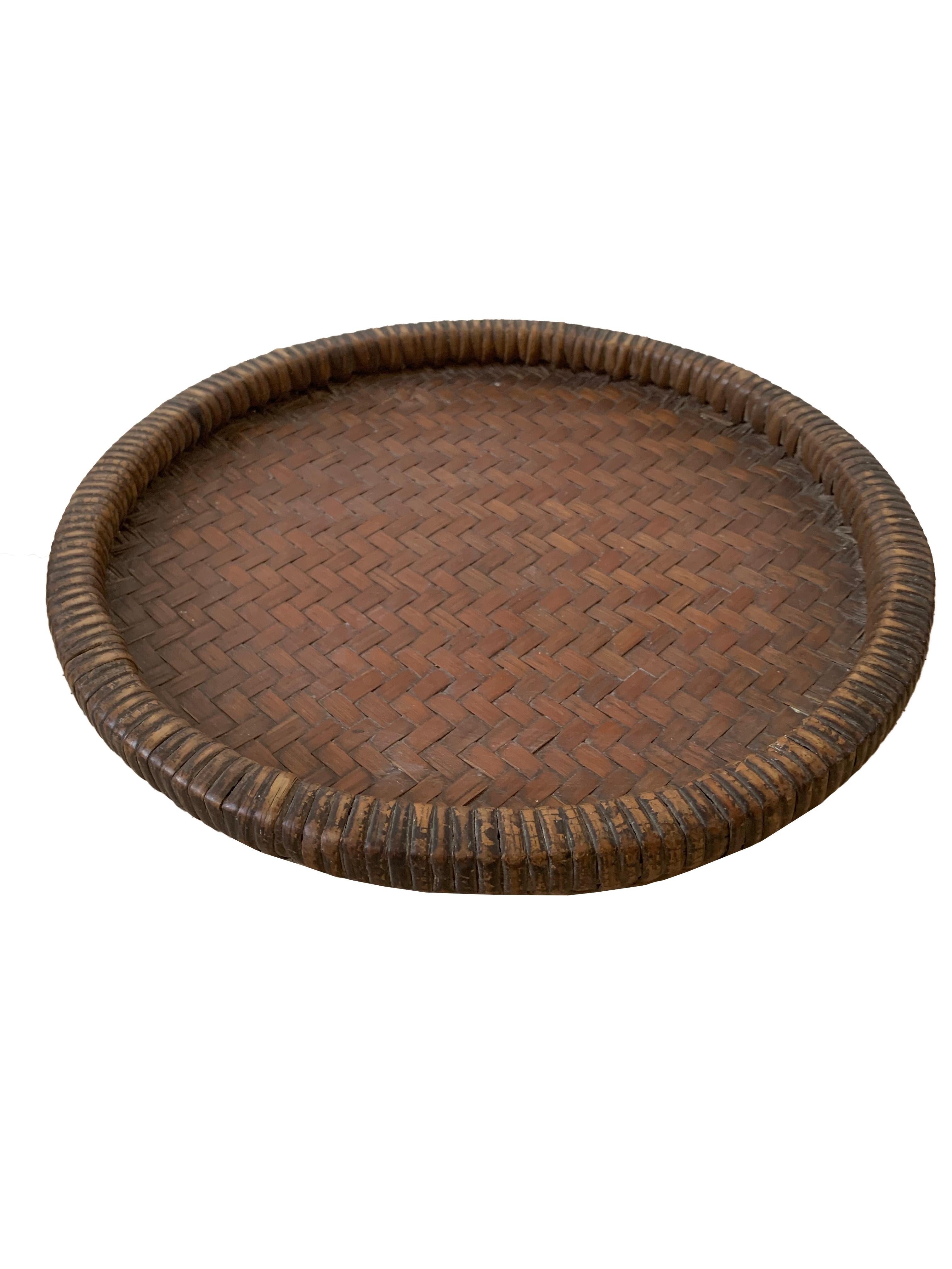 Hand-Crafted Vintage Chinese Woven Rattan Winnowing Basket Set with Painted Characters