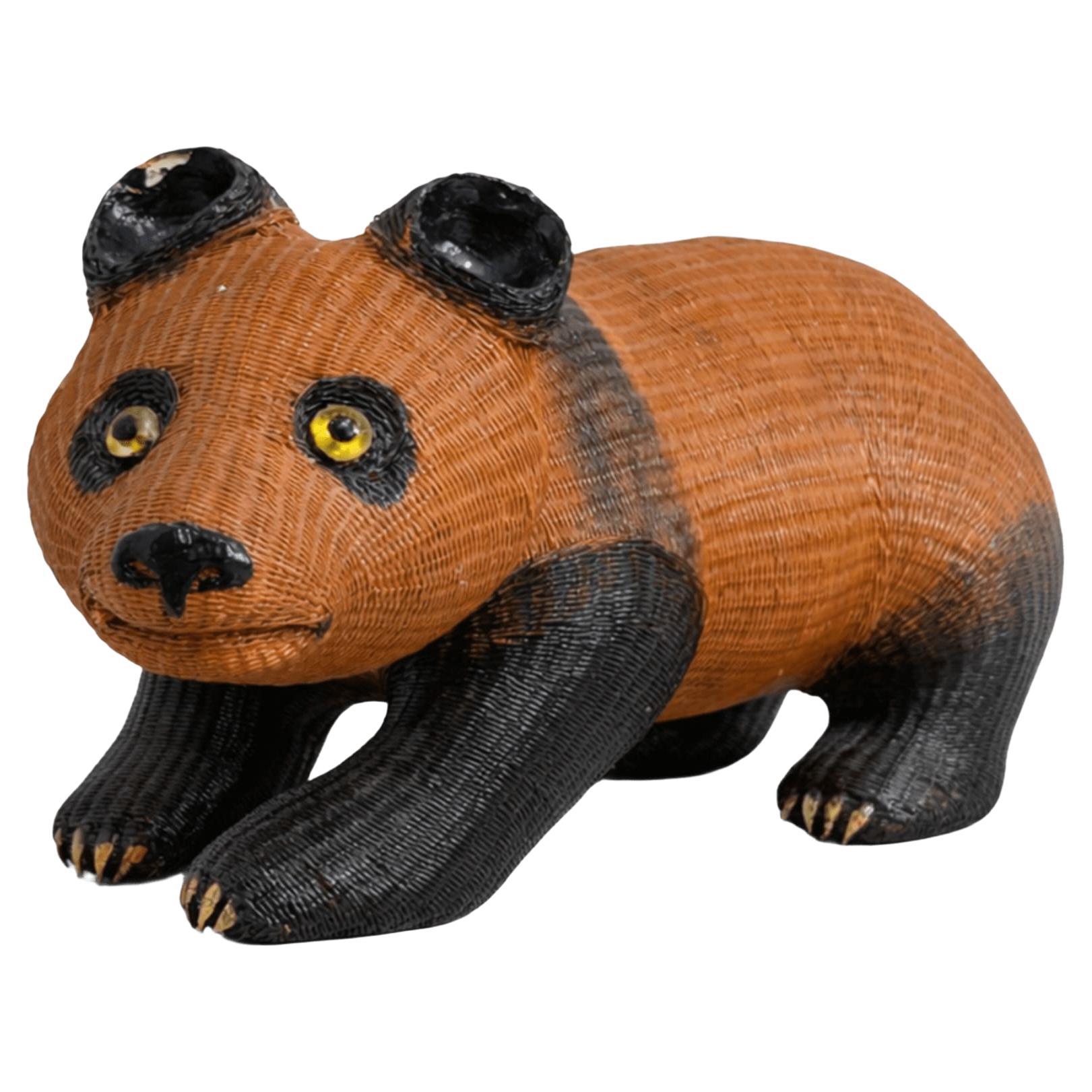 Vintage Chinese Woven Wicker Panda Figur, Handcrafted Rattan, 1970er Jahre