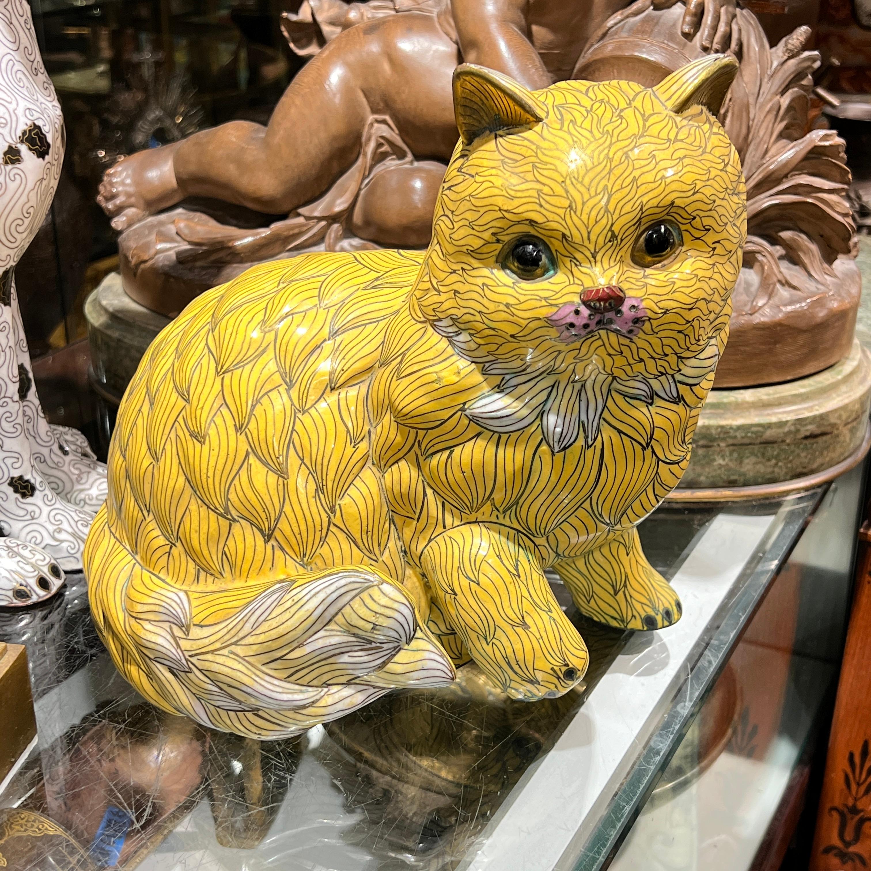 Vintage Chinese Yellow Cloisonne Cat Sculpture 4