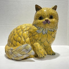 Vintage Chinese Yellow Cloisonne Cat Sculpture