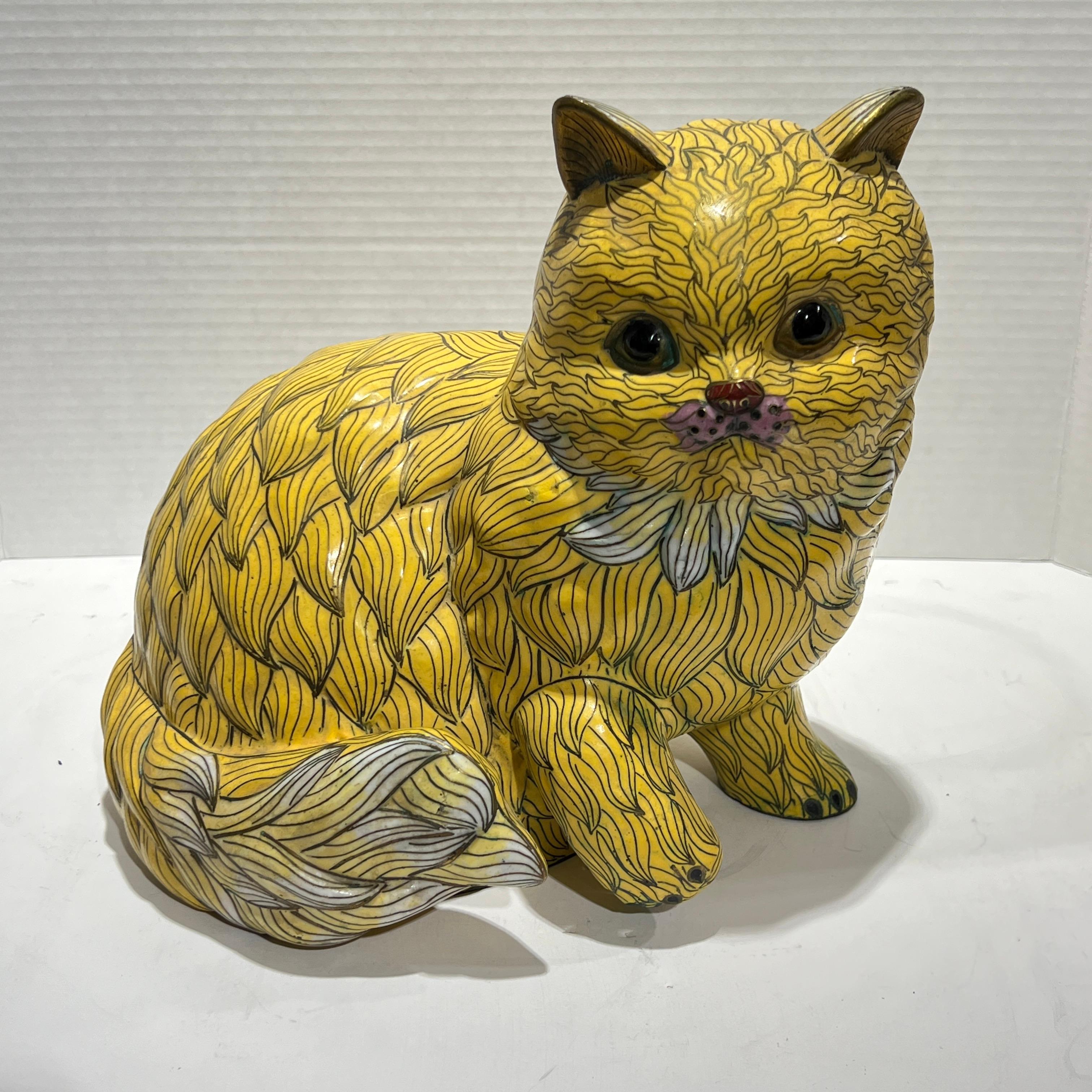 Cloissoné Vintage Chinese Yellow Cloisonne Cat Sculpture