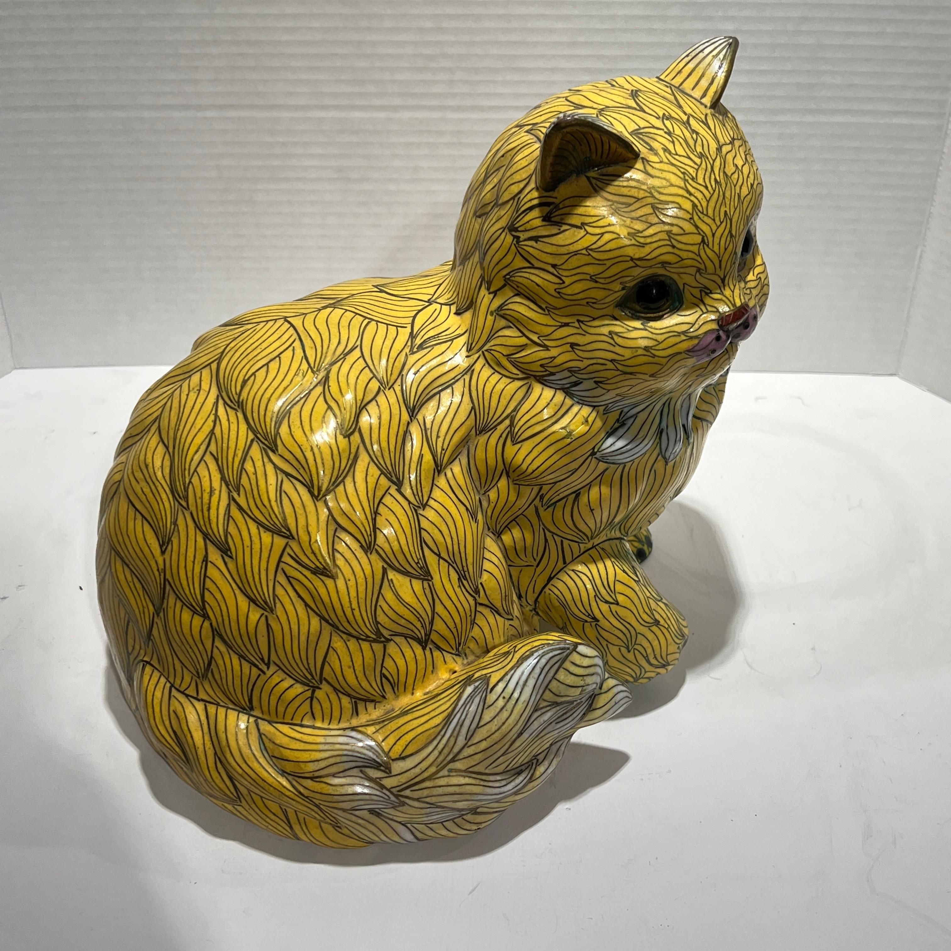 Vintage Chinese Yellow Cloisonne Cat Sculpture In Good Condition In New York, NY