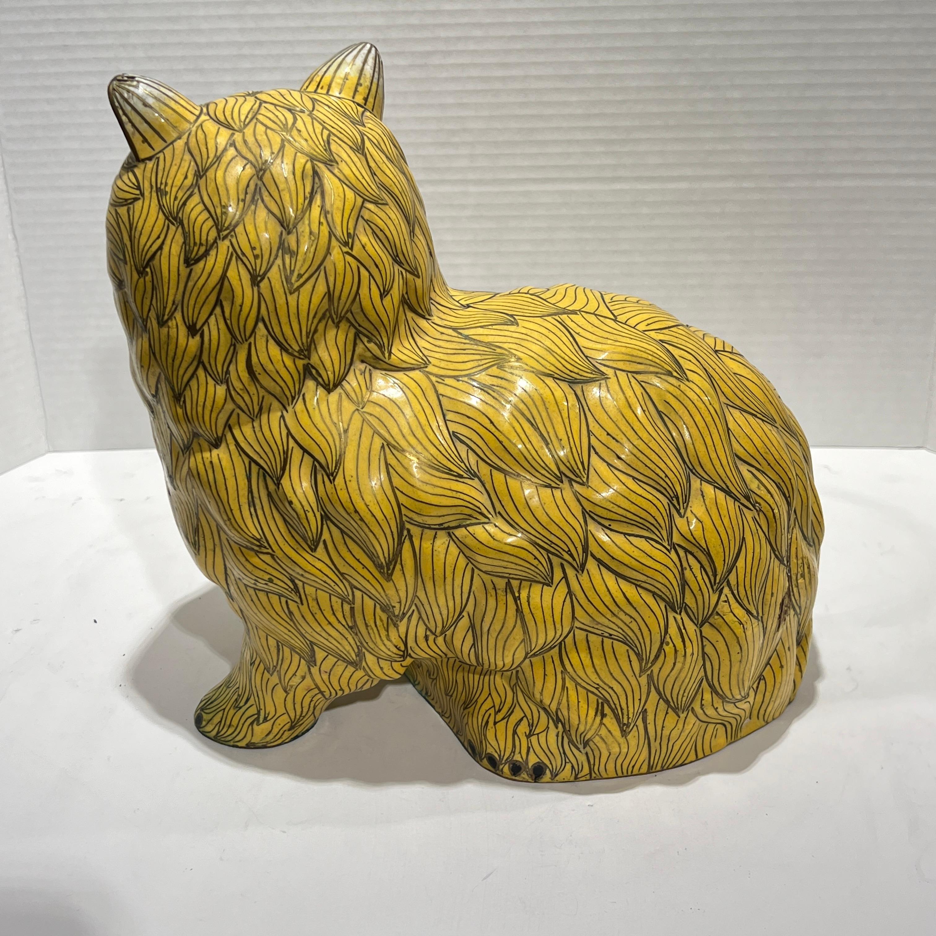 Metal Vintage Chinese Yellow Cloisonne Cat Sculpture