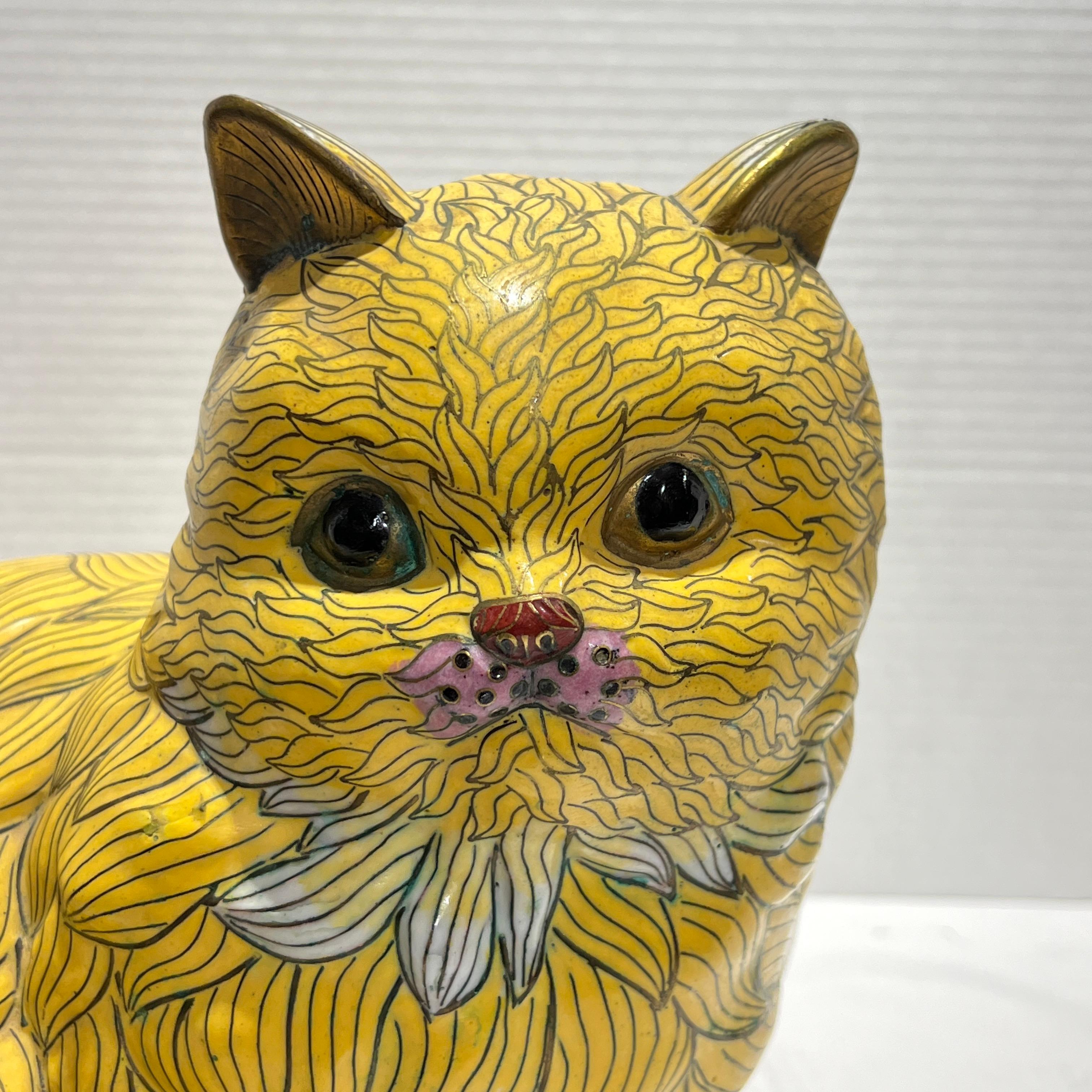 Vintage Chinese Yellow Cloisonne Cat Sculpture 2