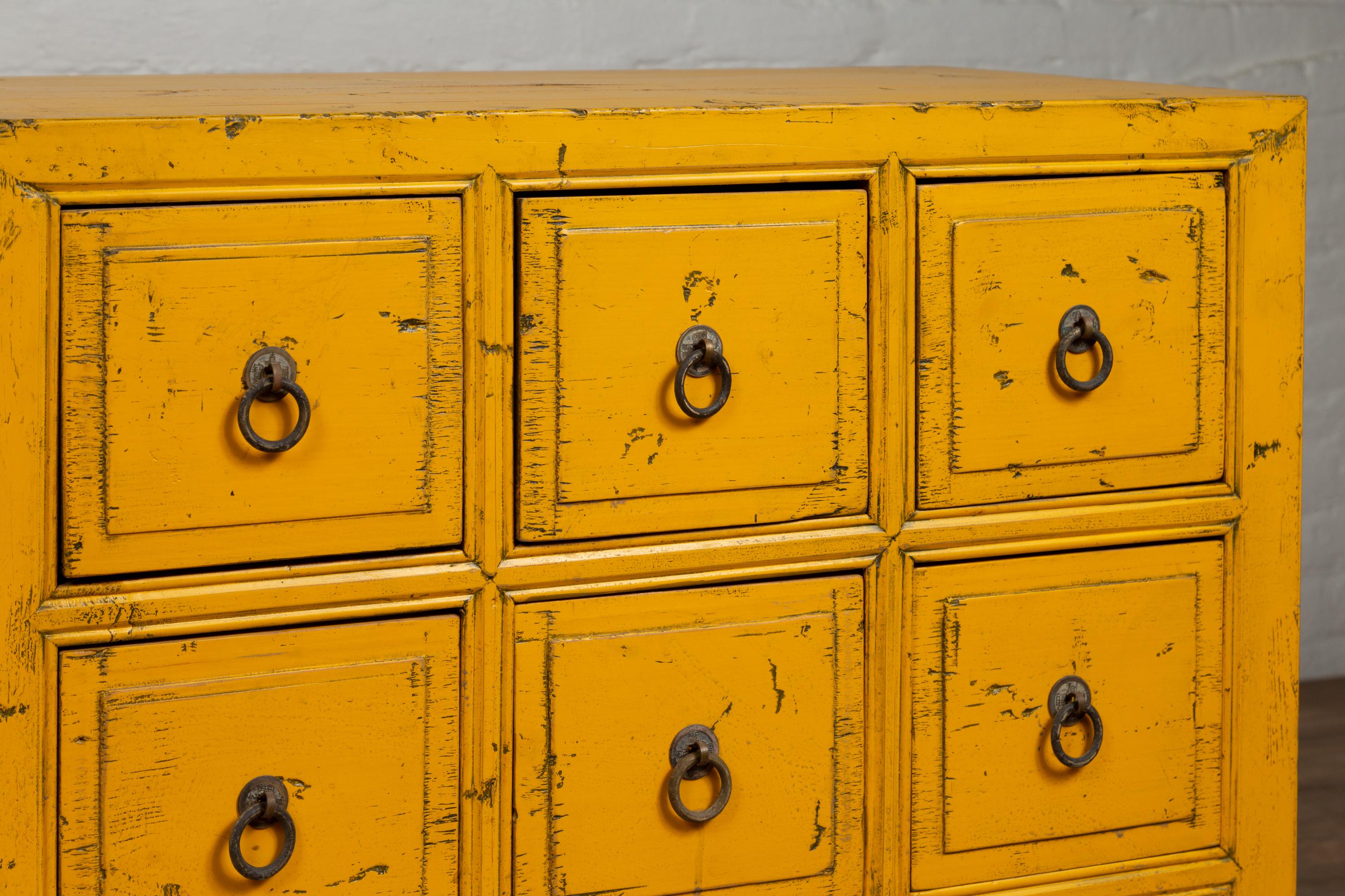 Vintage Chinese Yellow-Painted Nine-Drawer Apothecary Chests with Black Splatter 1