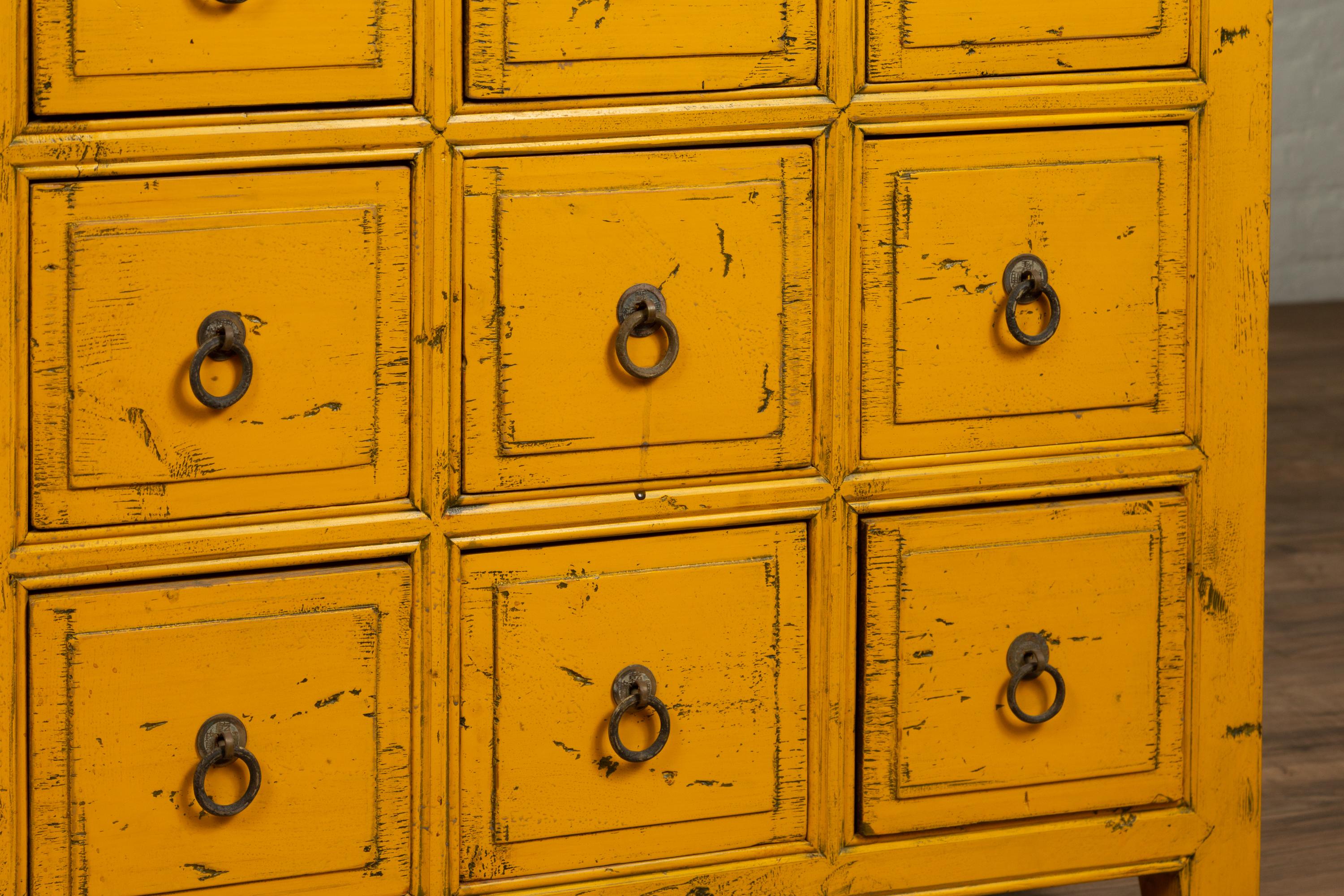 Vintage Chinese Yellow-Painted Nine-Drawer Apothecary Chests with Black Splatter 2