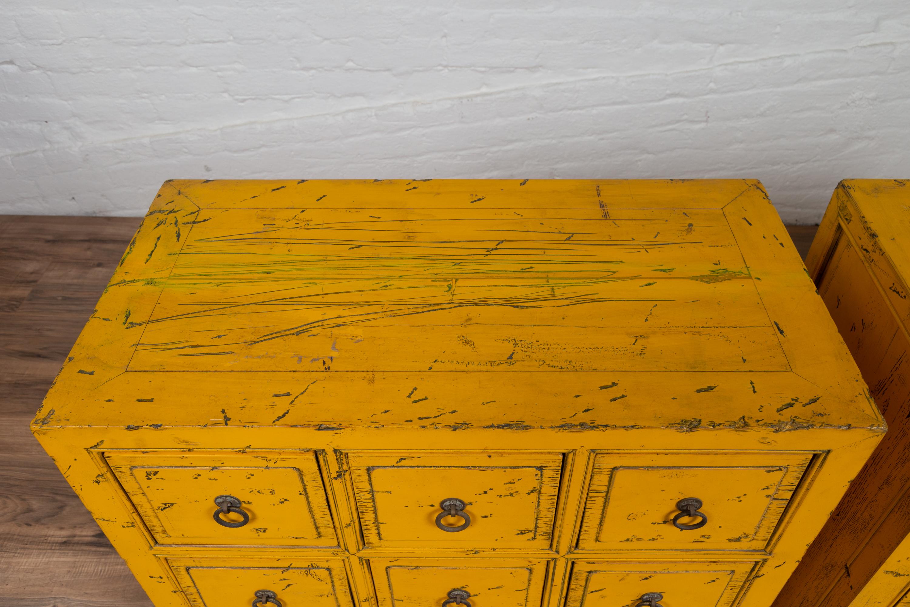 Vintage Chinese Yellow-Painted Nine-Drawer Apothecary Chests with Black Splatter 3