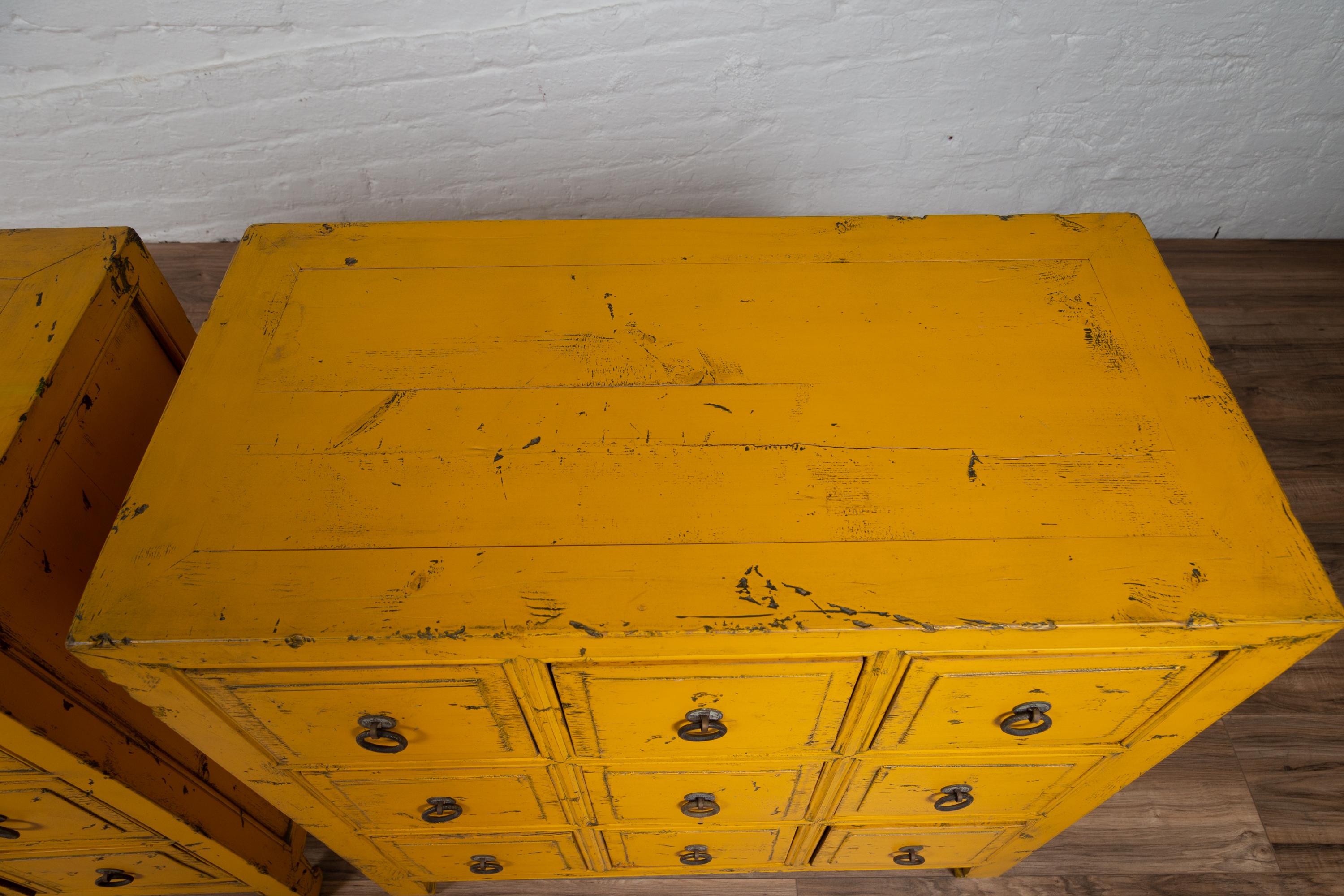 Vintage Chinese Yellow-Painted Nine-Drawer Apothecary Chests with Black Splatter 4
