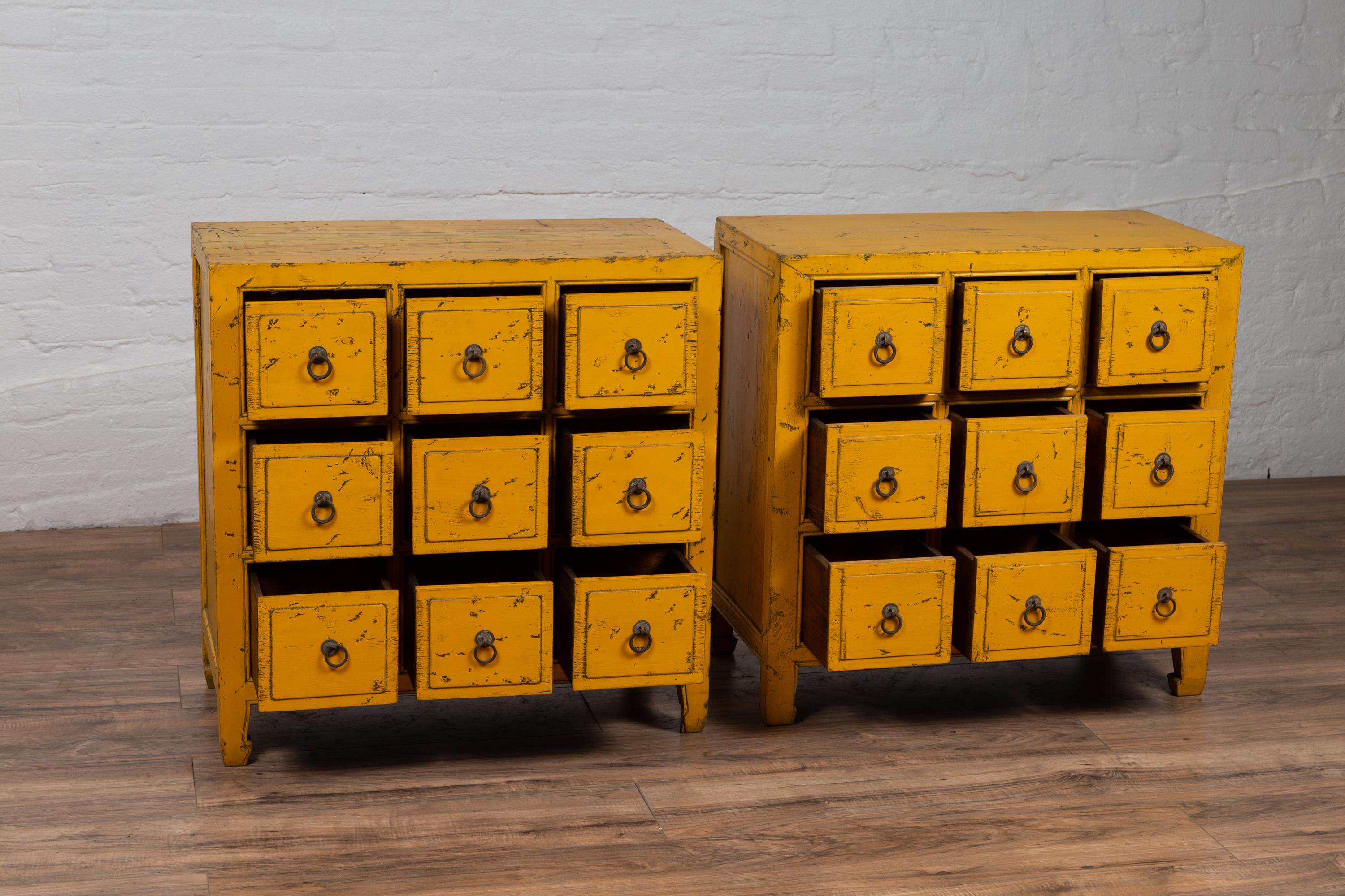 Vintage Chinese Yellow-Painted Nine-Drawer Apothecary Chests with Black Splatter 5