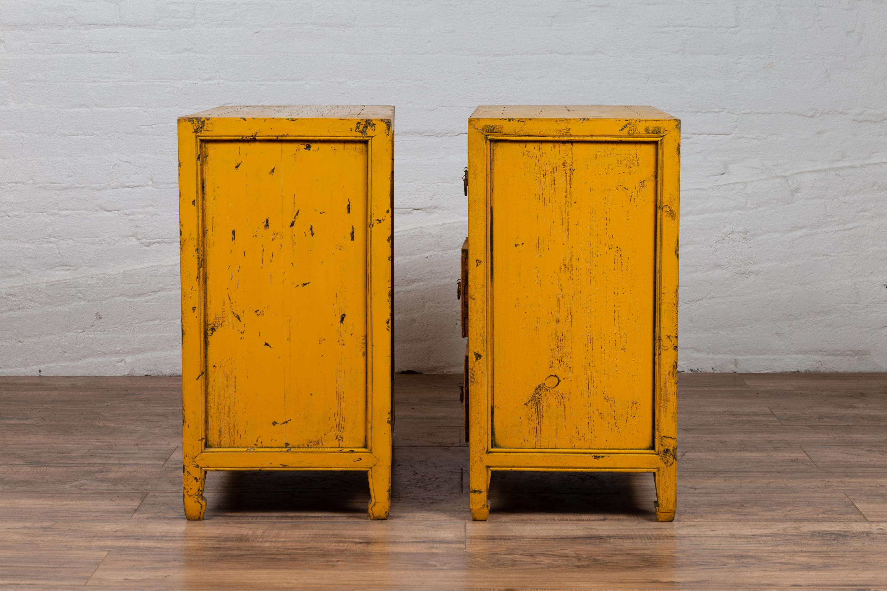 Vintage Chinese Yellow-Painted Nine-Drawer Apothecary Chests with Black Splatter 9