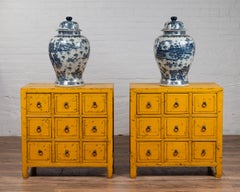 Vintage Chinese Yellow-Painted Nine-Drawer Apothecary Chests with Black Splatter
