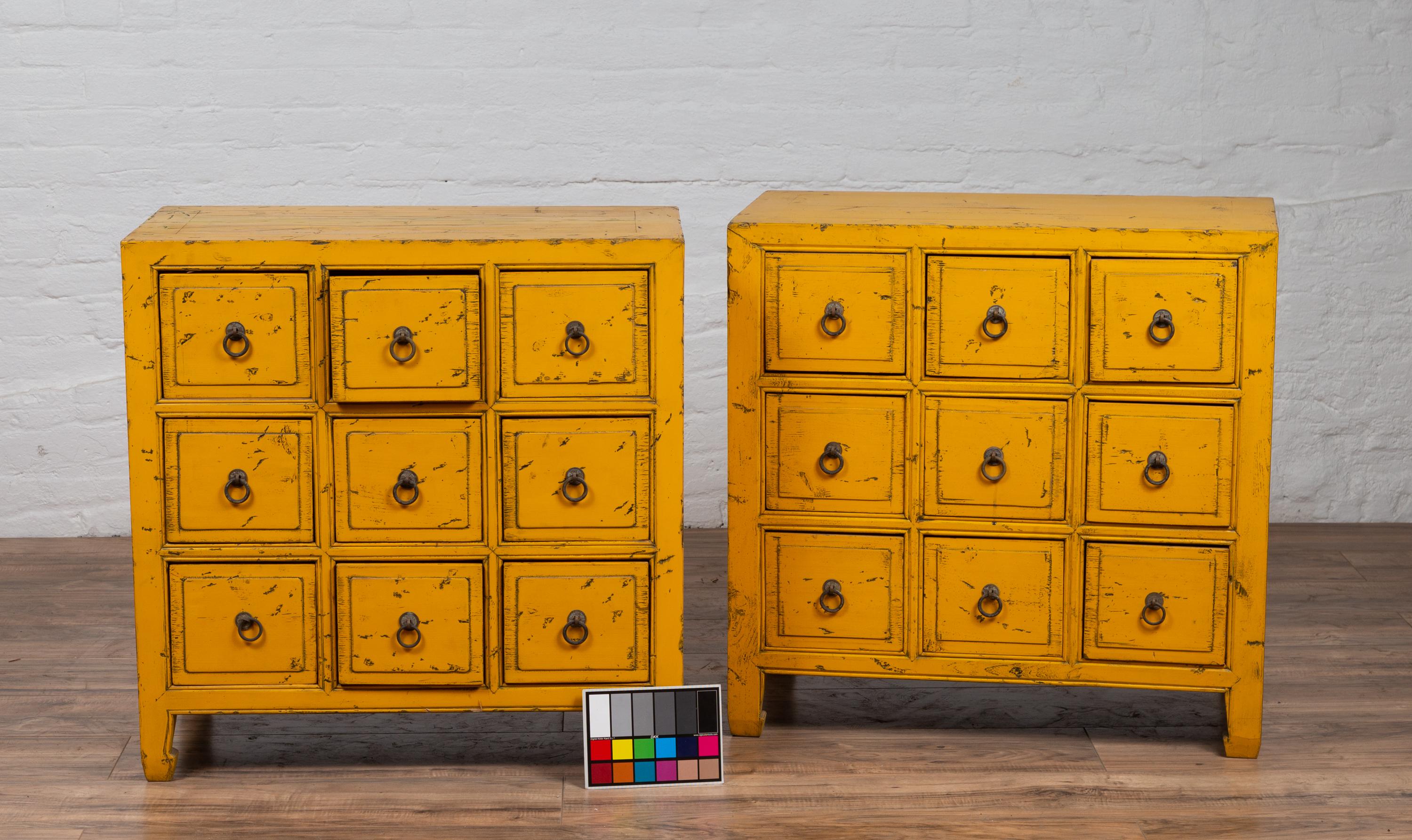 Vintage Chinese Yellow-Painted Nine-Drawer Apothecary Chests with Black Splatter 11