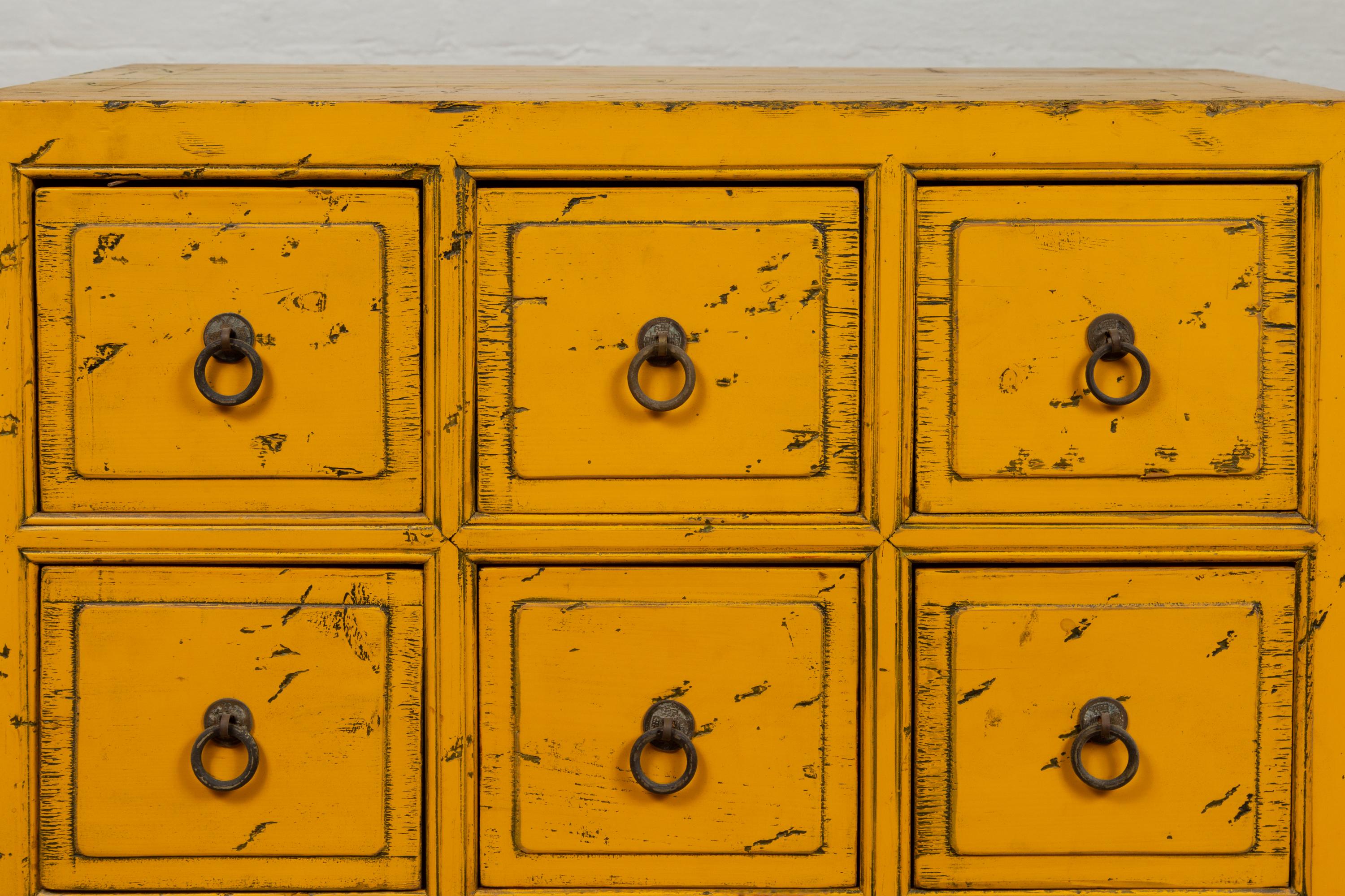 Mid-Century Modern Vintage Chinese Yellow-Painted Nine-Drawer Apothecary Chests with Black Splatter