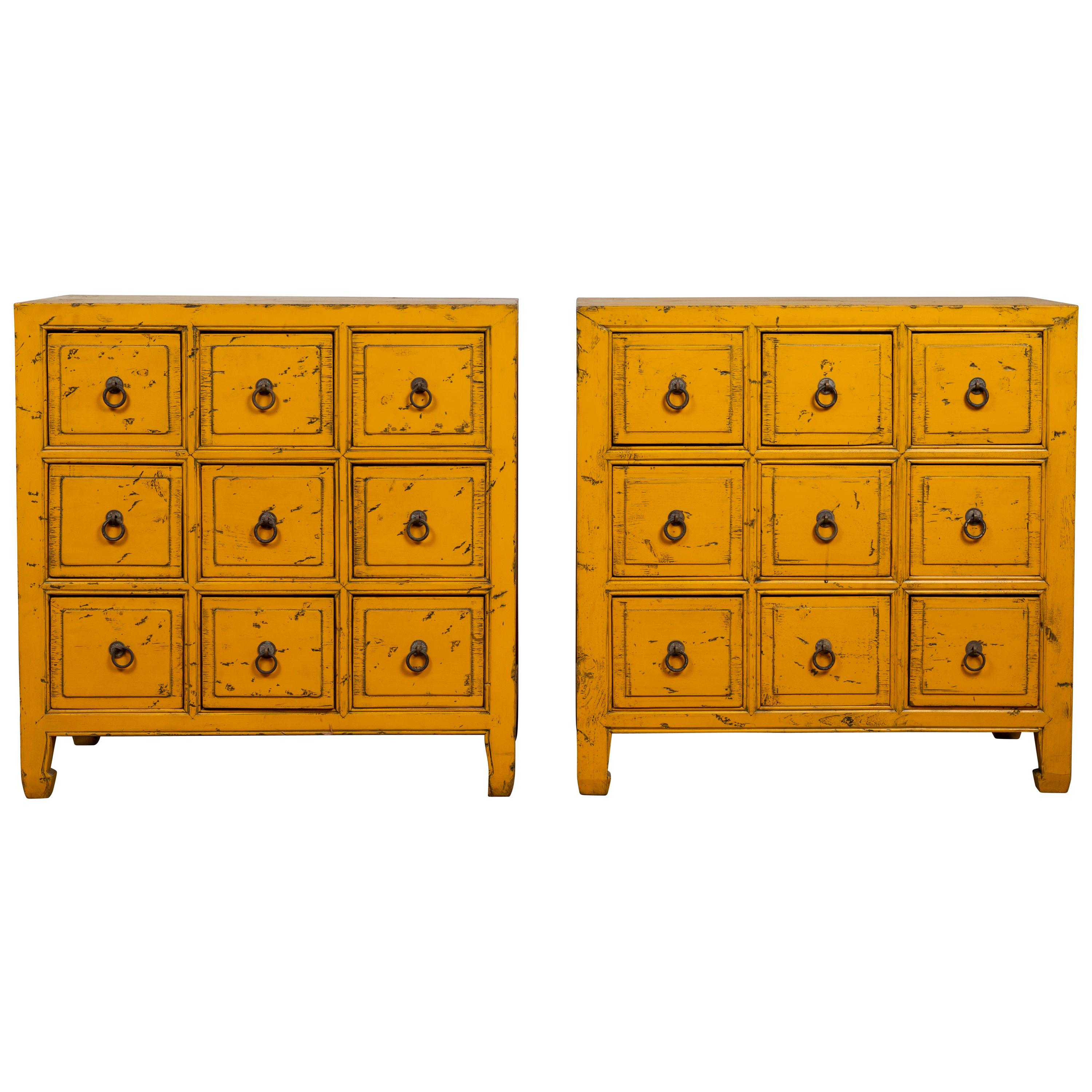 Vintage Chinese Yellow-Painted Nine-Drawer Apothecary Chests with Black Splatter