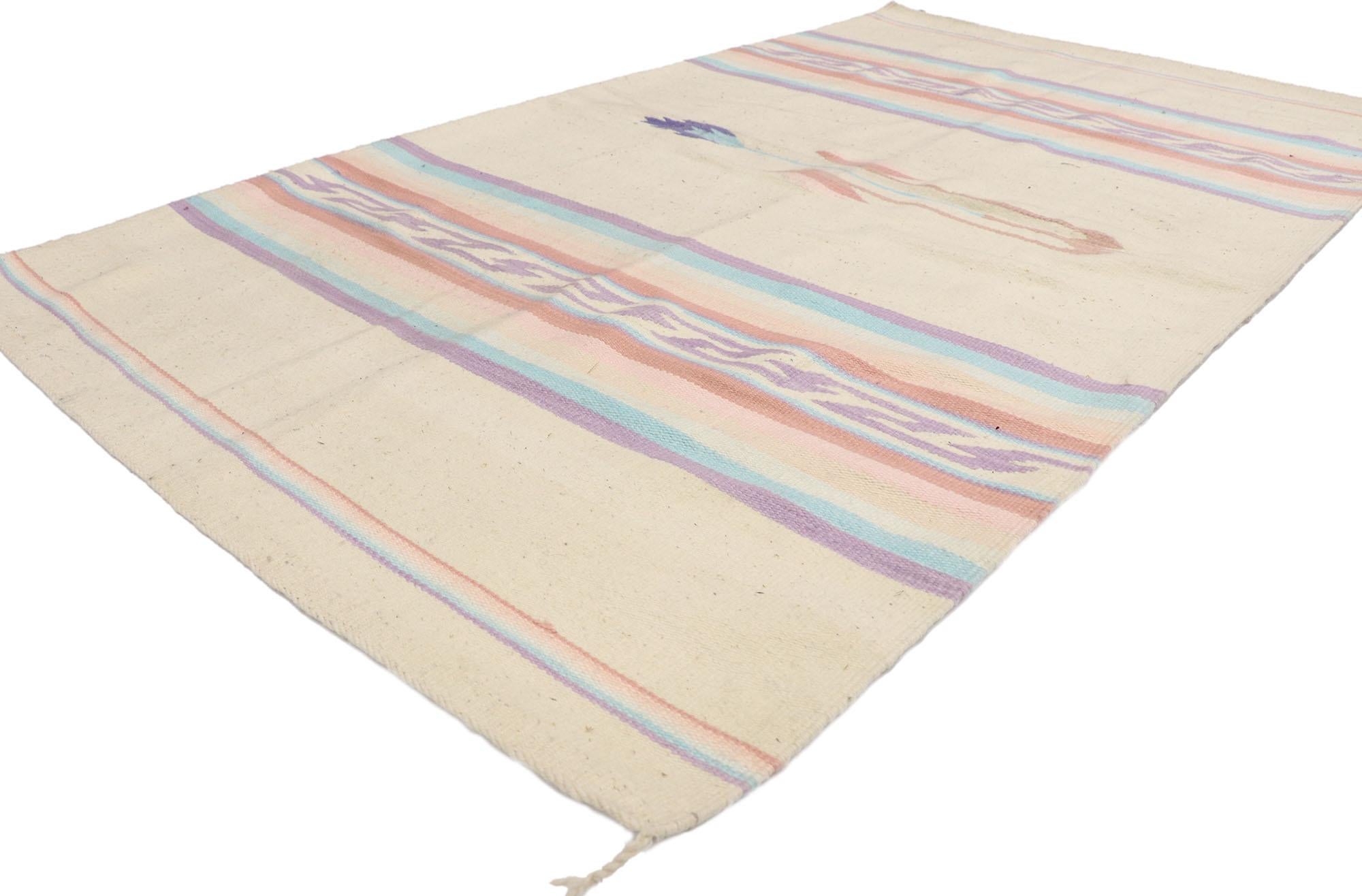 77999 vintage chinle Navajo Kilim rug Southwestern Bohemian Style 04'02 x 07'02. Full of history with woven tales and effortless beauty, this hand woven wool vintage Navajo kilim rug beautifully embodies a southwestern bohemian tribal style. The