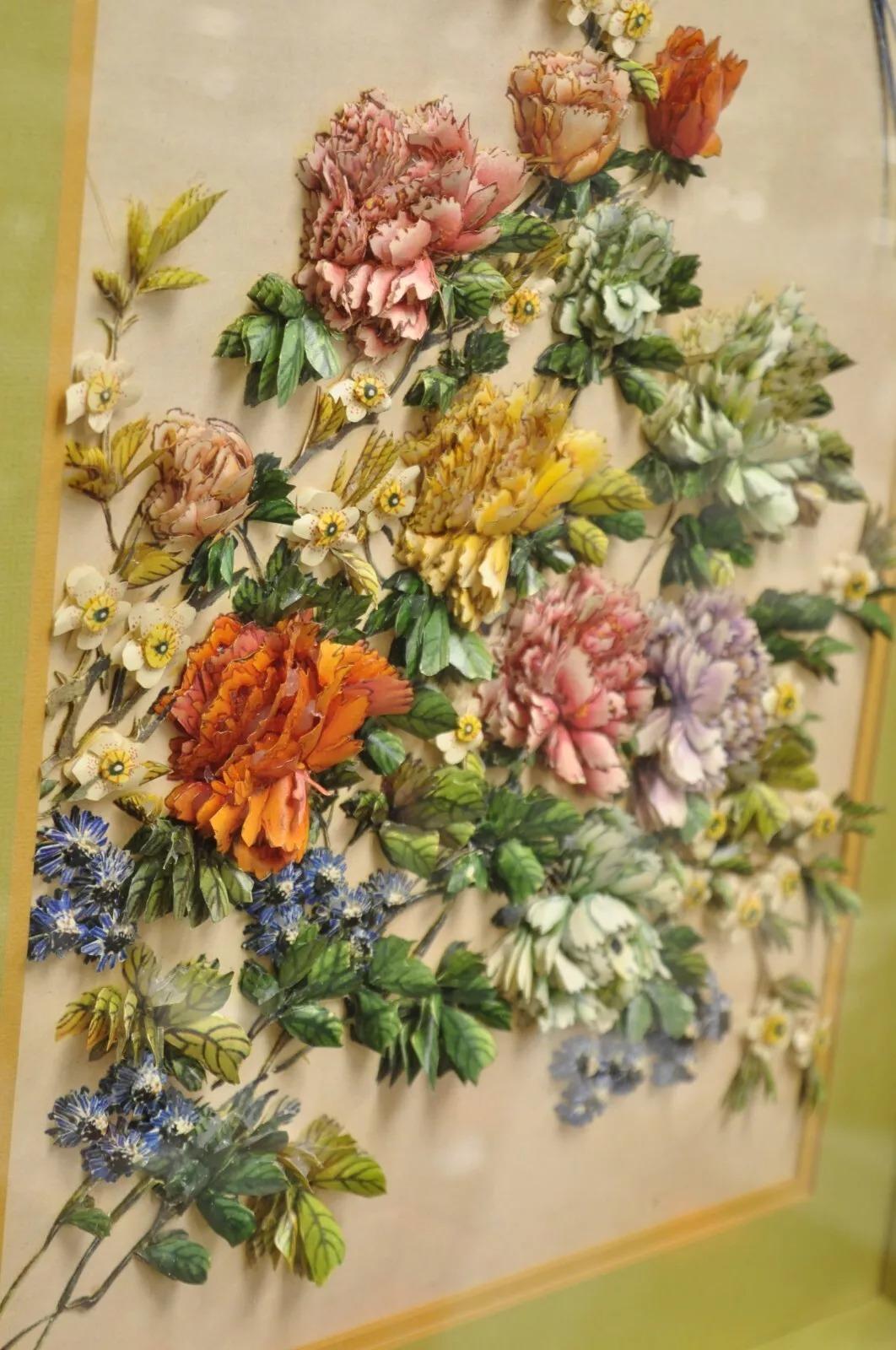 Verre Paire de cadres d'art vintage en relief papier 3D asiatique de style Chinoiserie avec oiseaux en vente