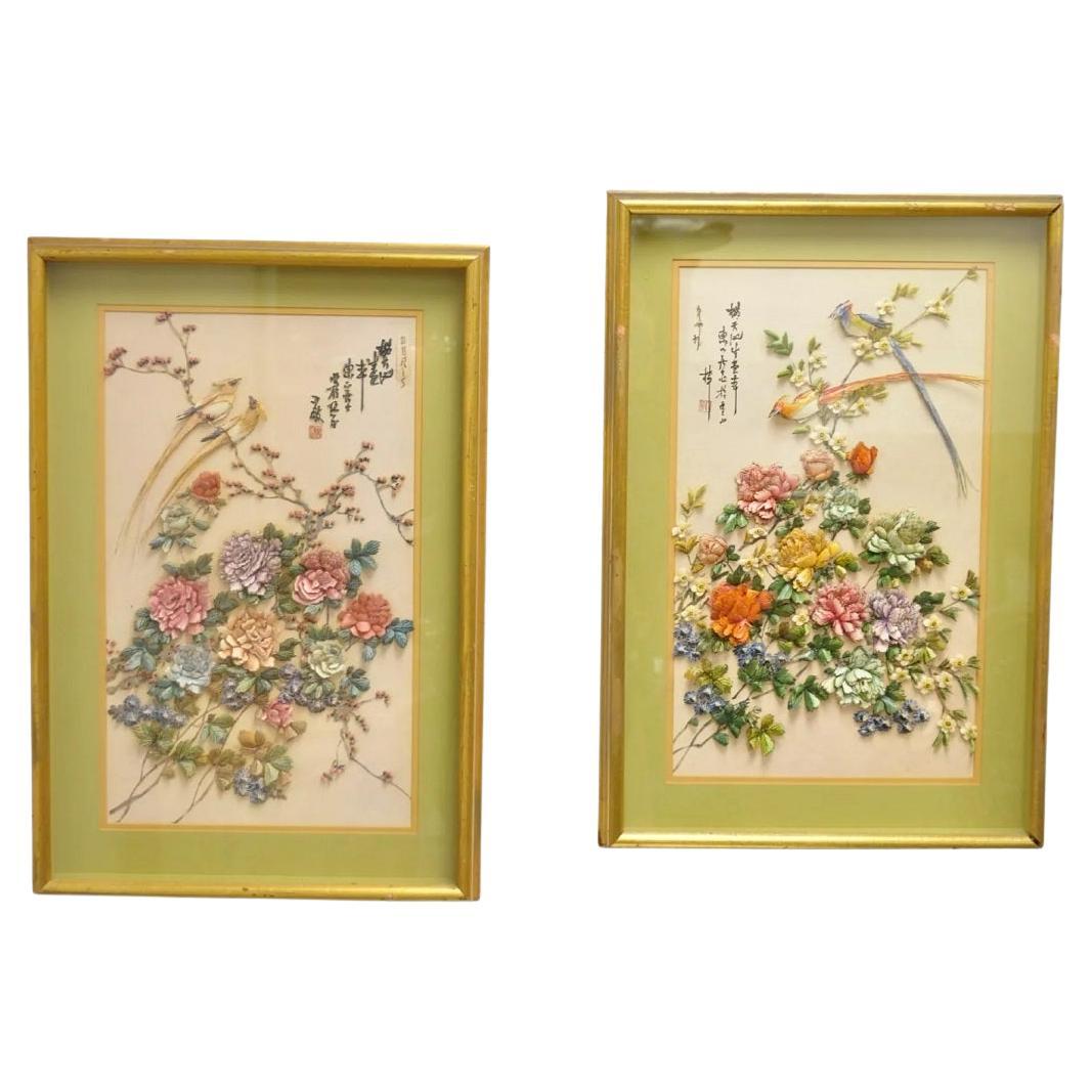 Chinoiserie Vintage Asiático 3D Papel Relieve "Pájaros" Marcos de Arte Shadowbox - un Par