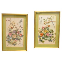 Vintage Chinoiserie Asian 3D Paper Relief "Birds" Shadowbox Art Frames - a Pair