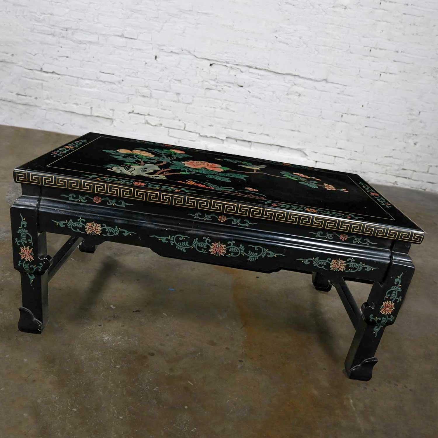 Vintage Chinoiserie Asian Folding Coffee Table Black Lacquered Carved Design 1