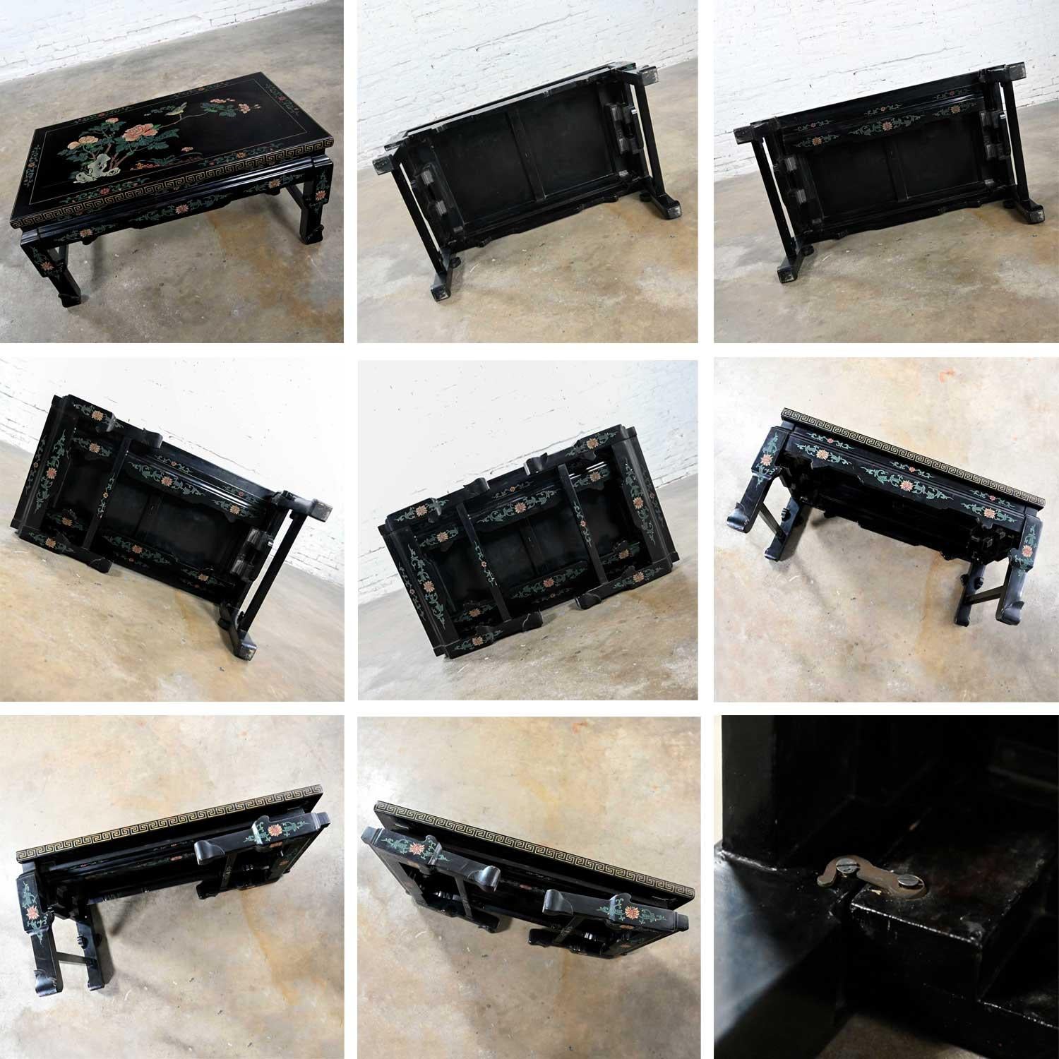 Vintage Chinoiserie Asian Folding Coffee Table Black Lacquered Carved Design 2