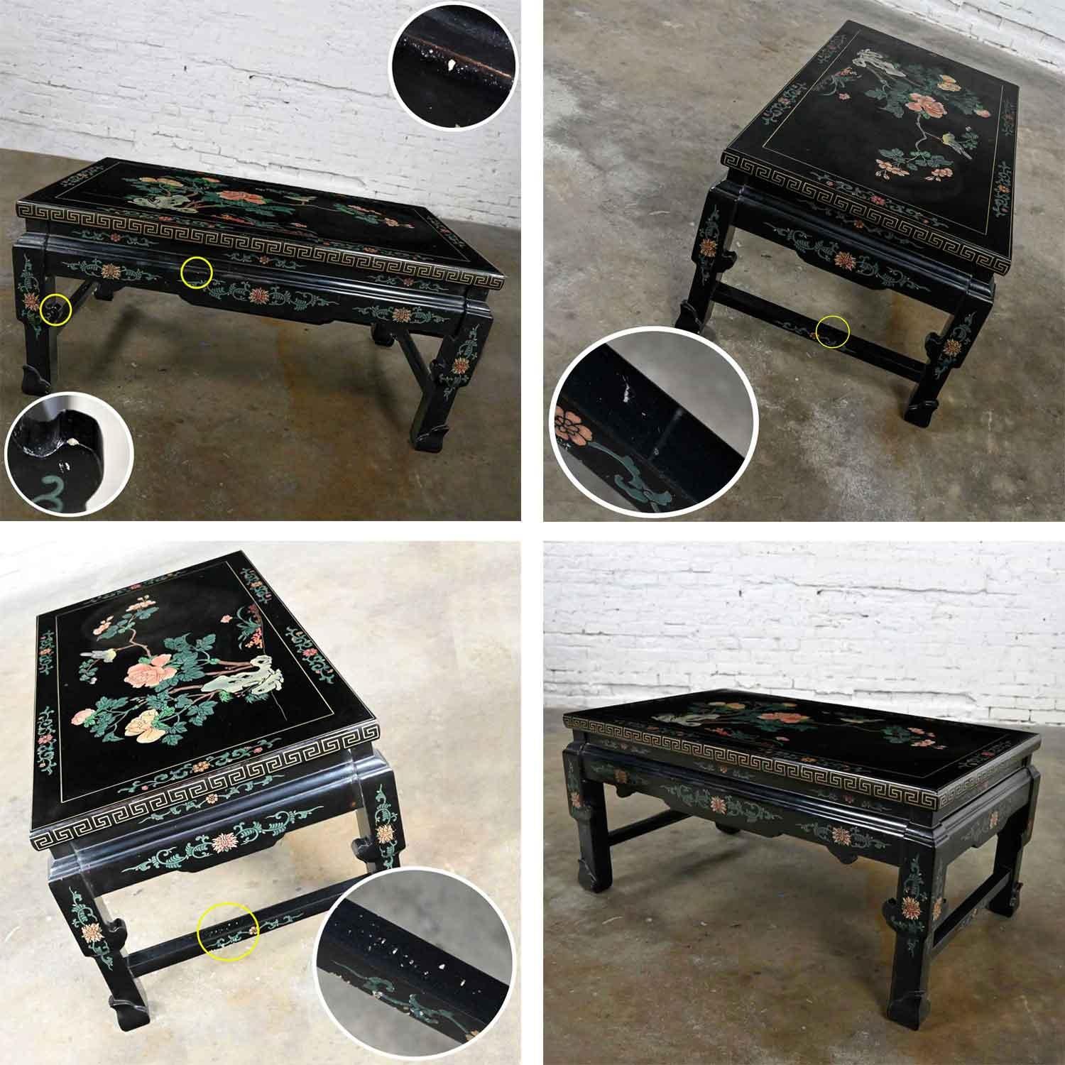 Vintage Chinoiserie Asian Folding Coffee Table Black Lacquered Carved Design 5