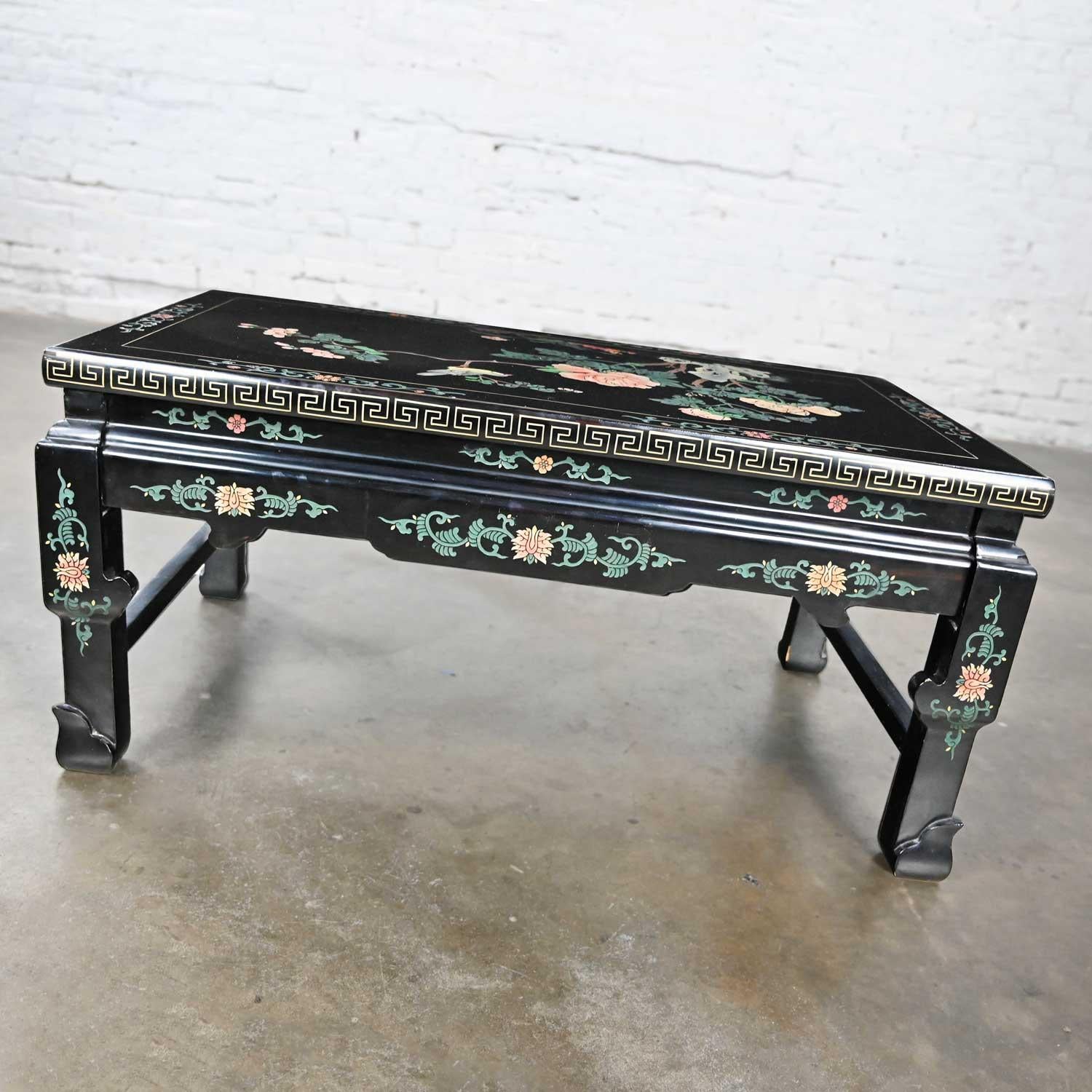 Chinese Vintage Chinoiserie Asian Folding Coffee Table Black Lacquered Carved Design