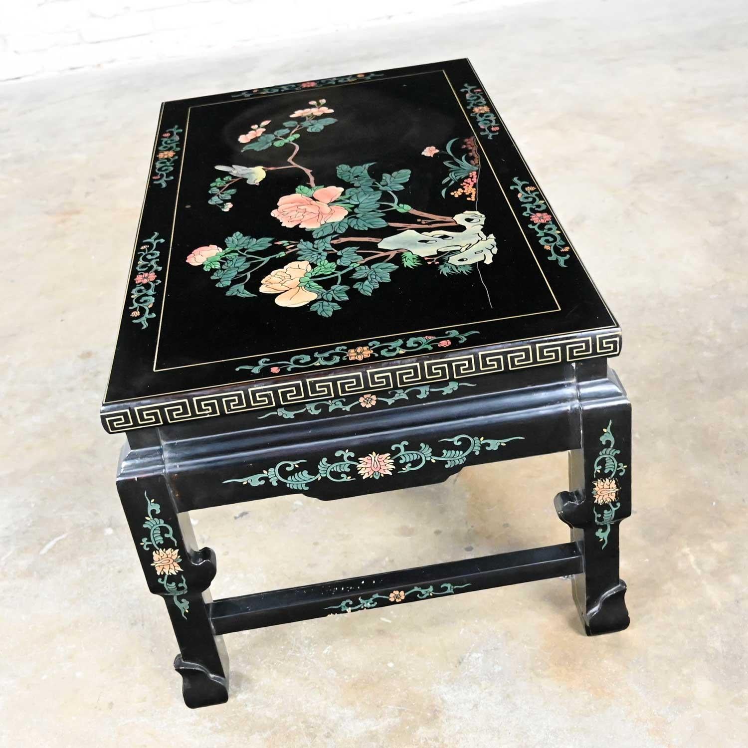 Vintage Chinoiserie Asian Folding Coffee Table Black Lacquered Carved Design In Good Condition In Topeka, KS