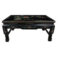 Vintage Chinoiserie Asian Folding Coffee Table Black Lacquered Carved Design