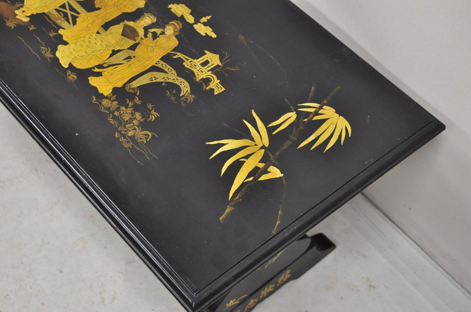 Vintage Chinoiserie Asian Inspired Black Painted Gold Gilt Trestle Coffee Table For Sale 6