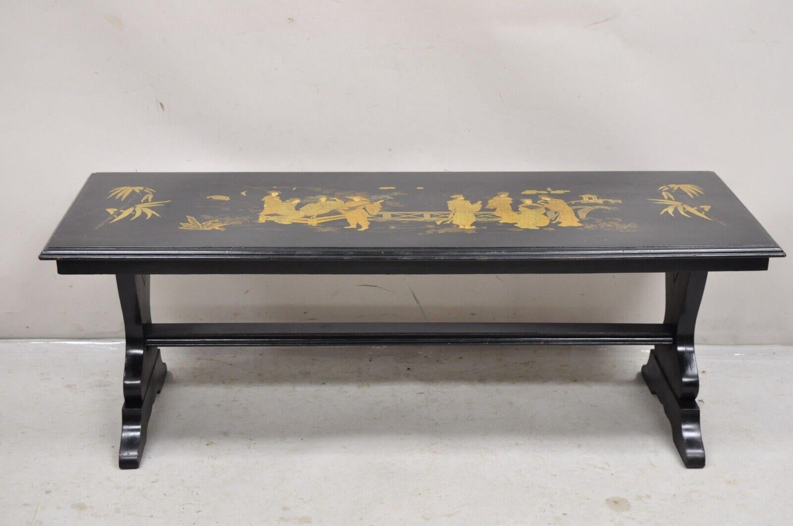 Vintage Chinoiserie Asian Inspired Black Painted Gold Gilt Trestle Coffee Table For Sale 7