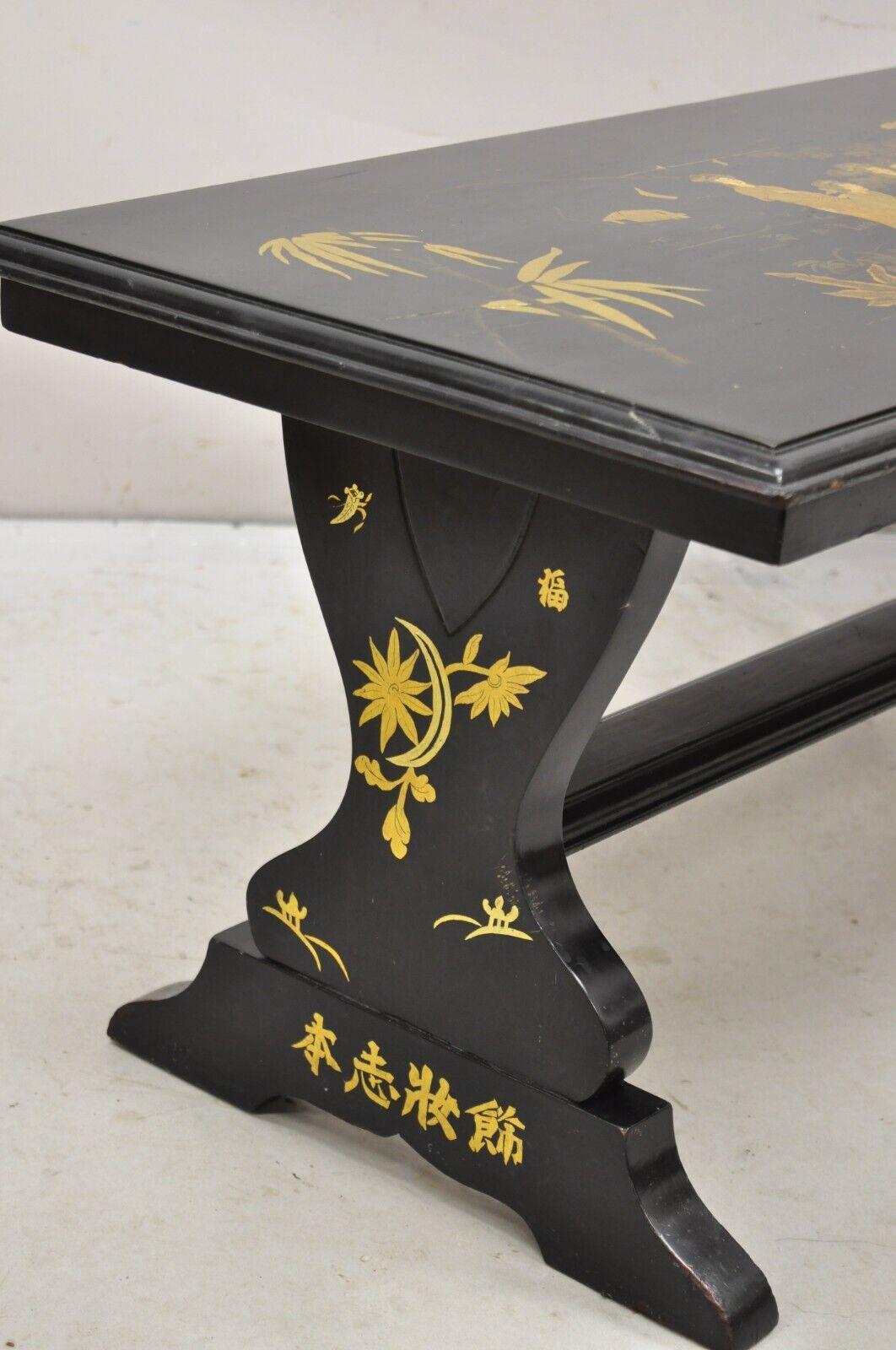 Vintage Chinoiserie Asian Inspired Black Painted Gold Gilt Trestle Coffee Table For Sale 1