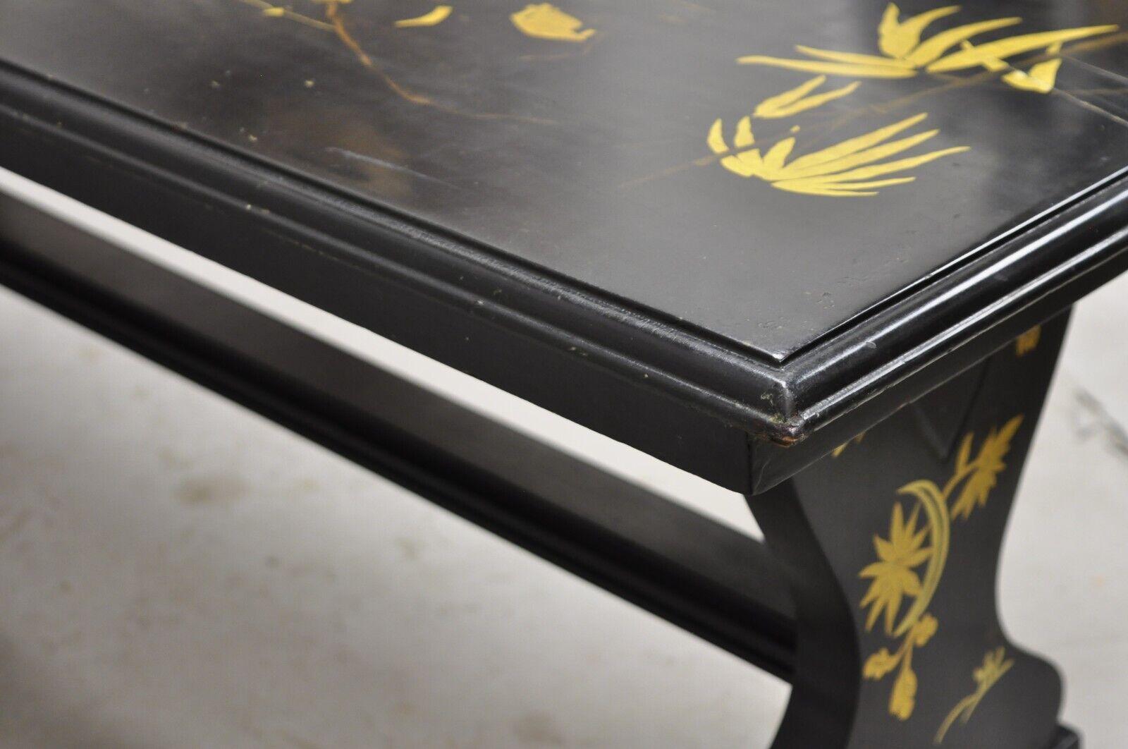 Vintage Chinoiserie Asian Inspired Black Painted Gold Gilt Trestle Coffee Table For Sale 2