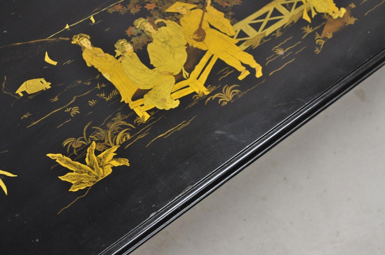 Vintage Chinoiserie Asian Inspired Black Painted Gold Gilt Trestle Coffee Table For Sale 4