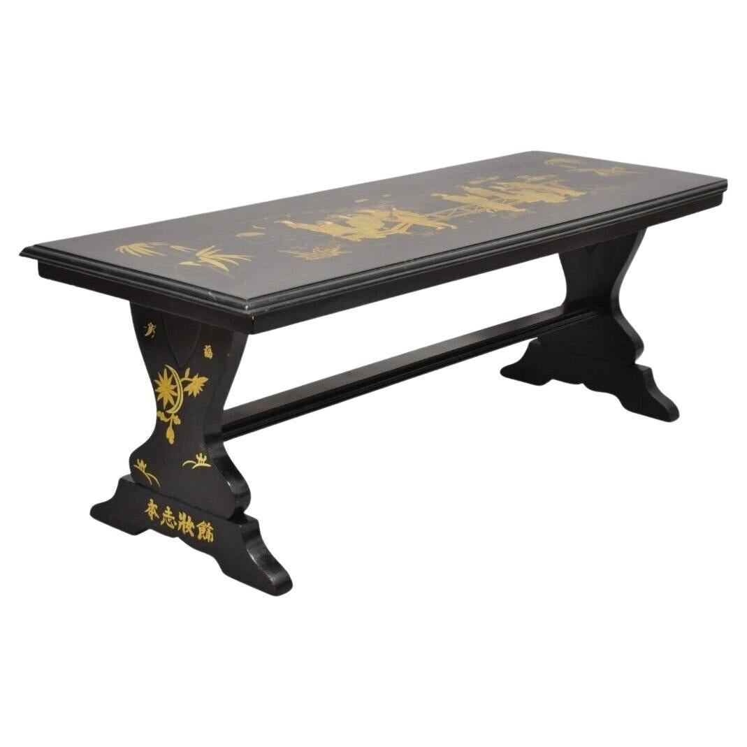Vintage Chinoiserie Asian Inspired Black Painted Gold Gilt Trestle Coffee Table For Sale