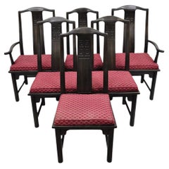 Vintage Chinoiserie Asian Ming Style Solid Wood Carved Dining Chairs - Set of 6