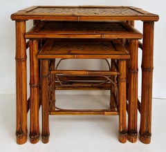 Vintage Chinoiserie Bamboo, Cane Nesting Stacking Tables, Set of 3