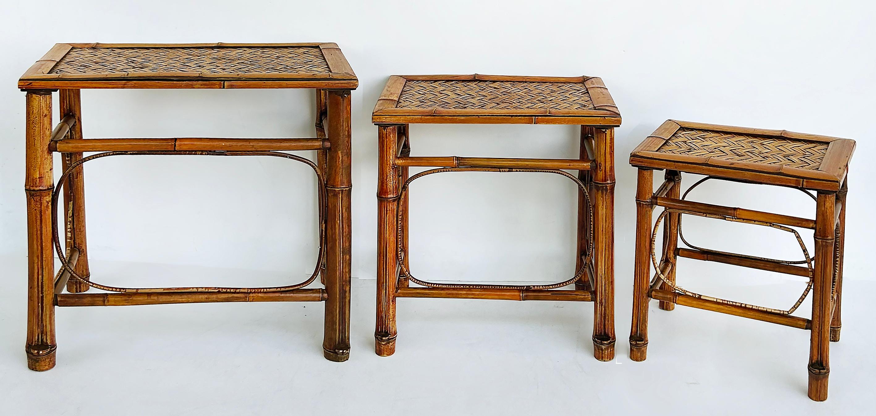 Organic Modern Vintage Chinoiserie Bamboo, Cane Nesting Stacking Tables, Set of 3 For Sale