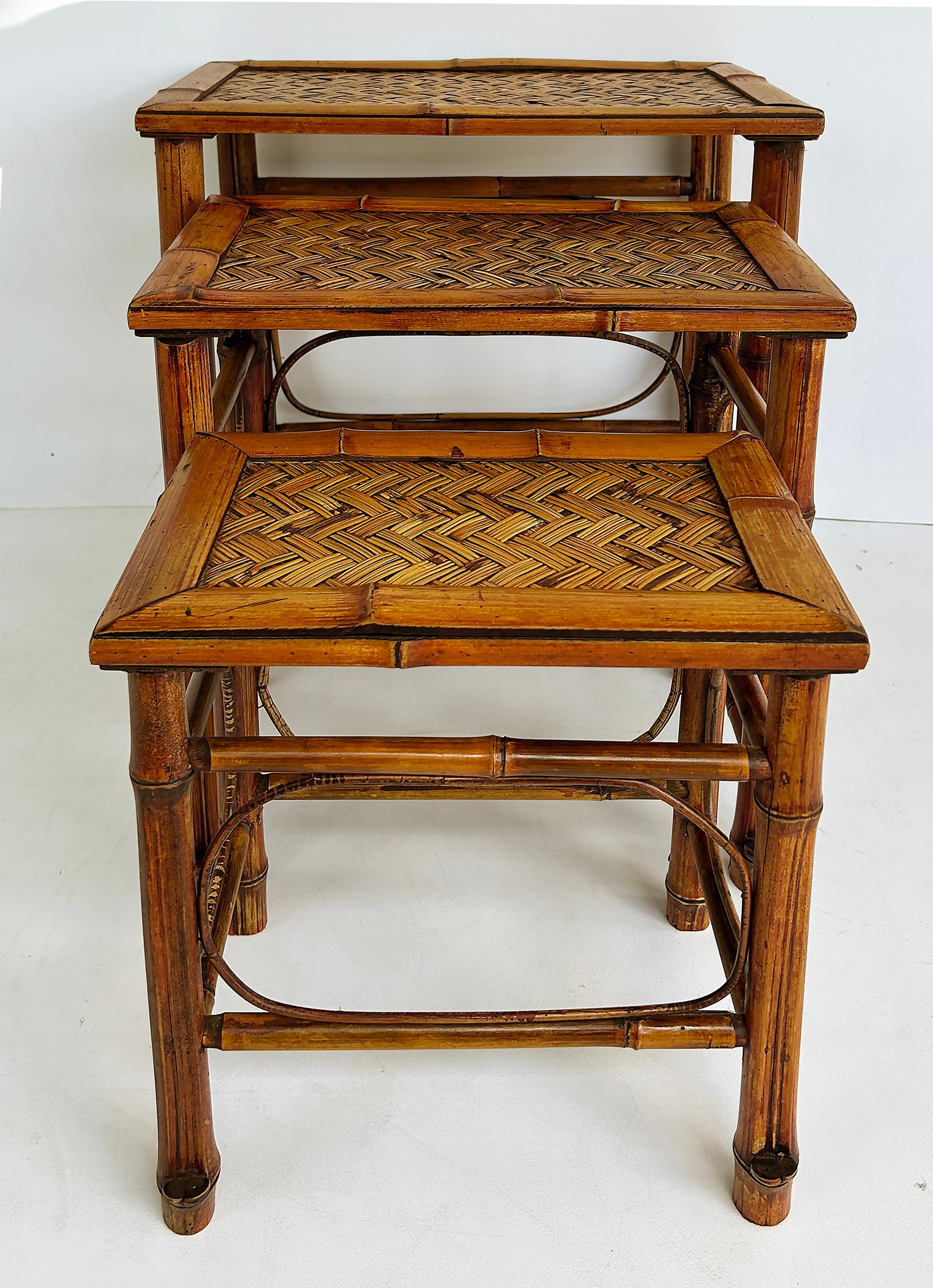Hand-Carved Vintage Chinoiserie Bamboo, Cane Nesting Stacking Tables, Set of 3 For Sale