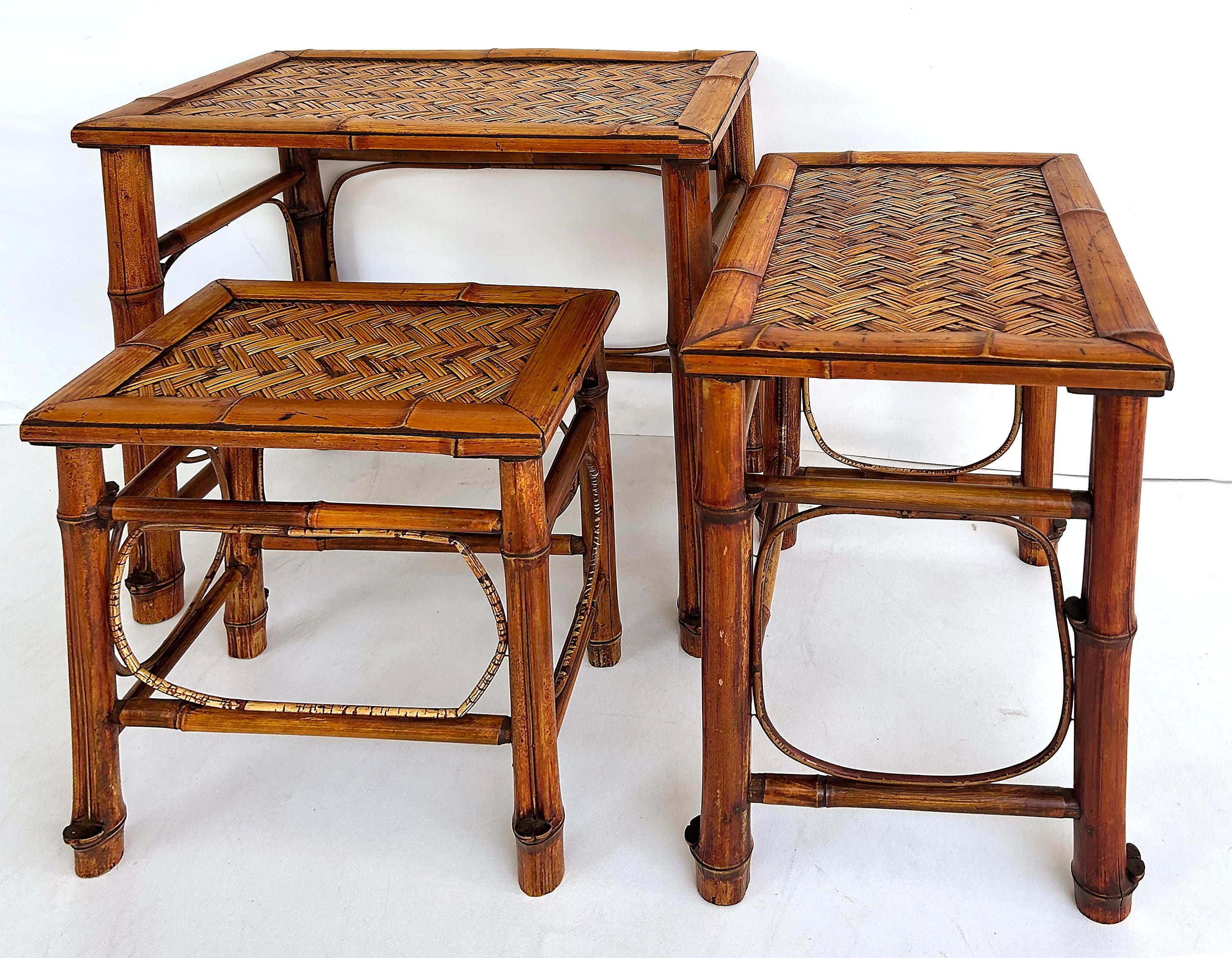 Vintage Chinoiserie Bamboo, Cane Nesting Stacking Tables, Set of 3 In Good Condition For Sale In Miami, FL