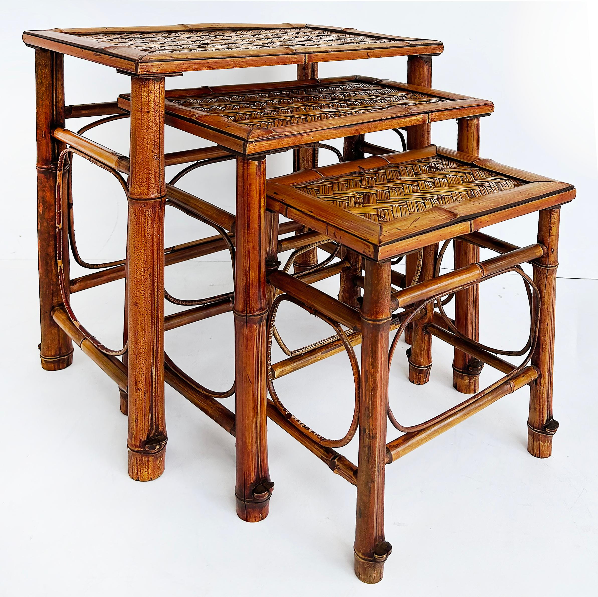 Vintage Chinoiserie Bamboo, Cane Nesting Stacking Tables, Set of 3 For Sale 3