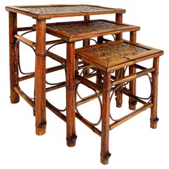 Vintage Chinoiserie Bamboo, Cane Nesting Stacking Tables, Set of 3