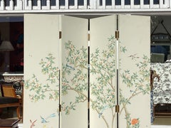 Vintage Chinoiserie Birds & Botanical 4 Panel Screen Room Divider