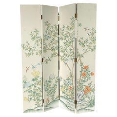 Vintage Chinoiserie Birds & Botanical 4 Panel Screen Room Divider