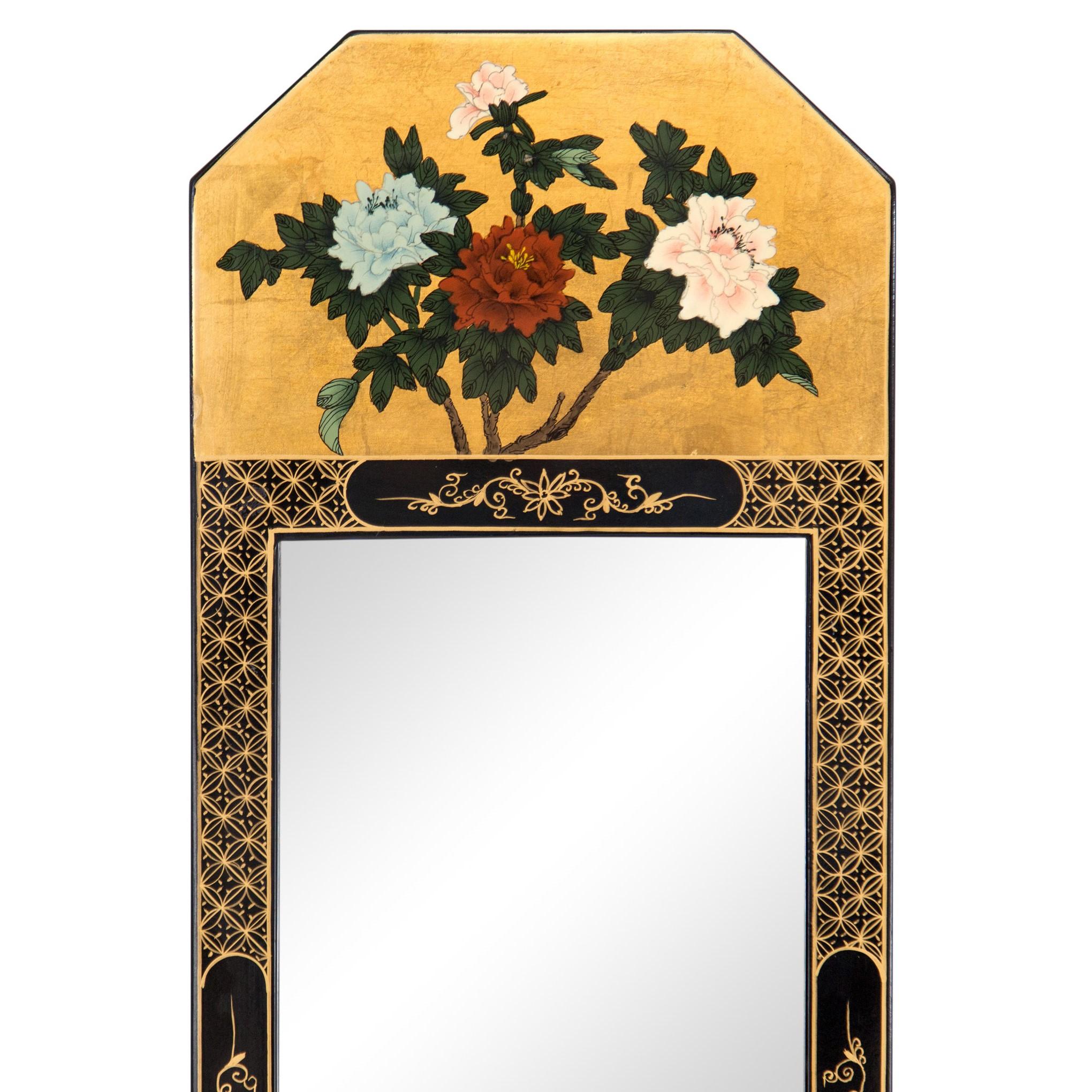 Vintage Chinoiserie Black and Gold Lacquered Floral Motif Trumeau Mirror In Good Condition In Baltimore, MD