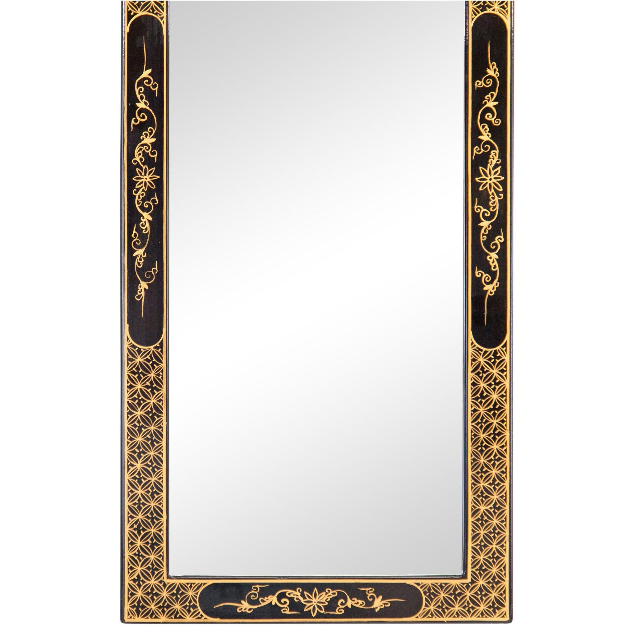 20th Century Vintage Chinoiserie Black and Gold Lacquered Floral Motif Trumeau Mirror