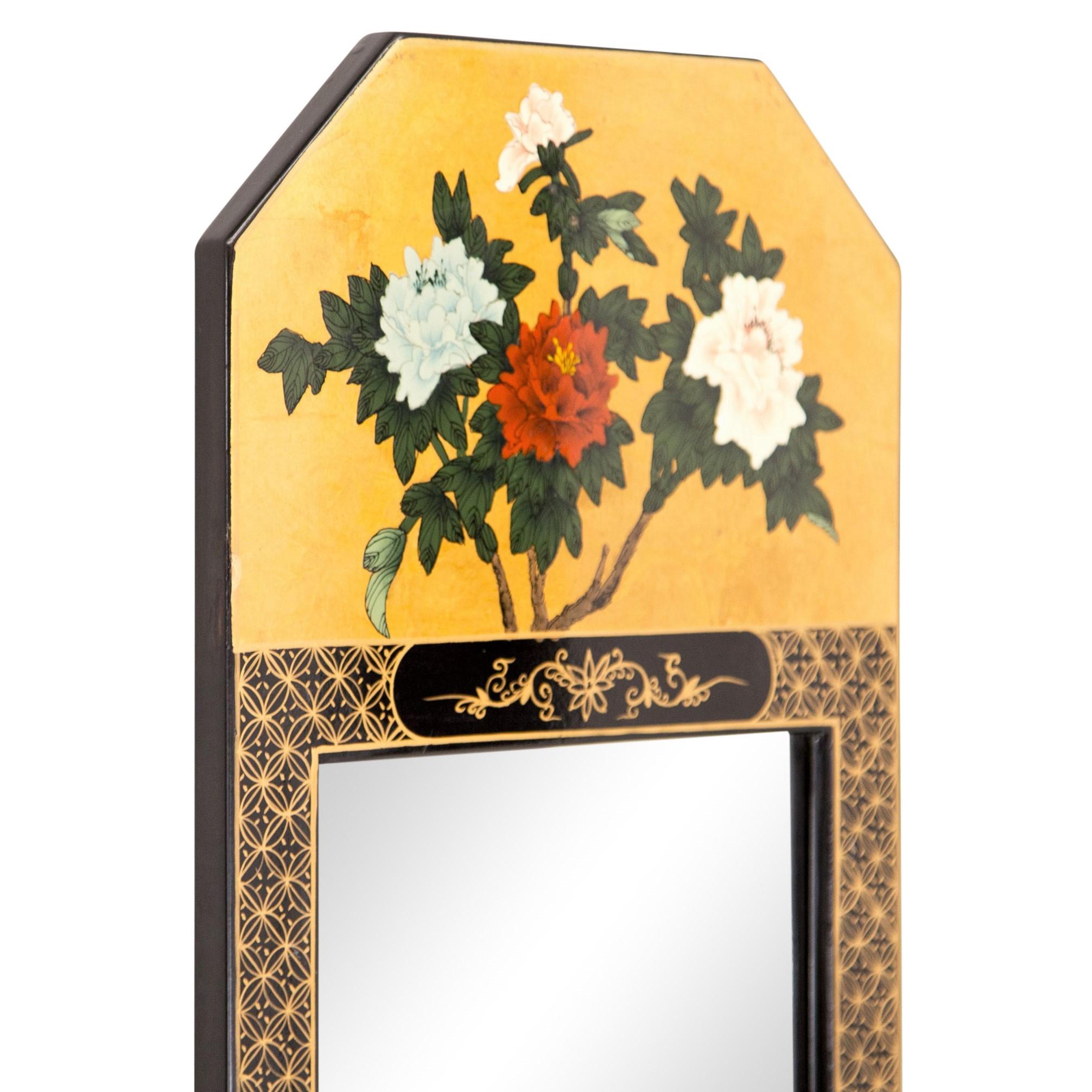 Vintage Chinoiserie Black and Gold Lacquered Floral Motif Trumeau Mirror 2