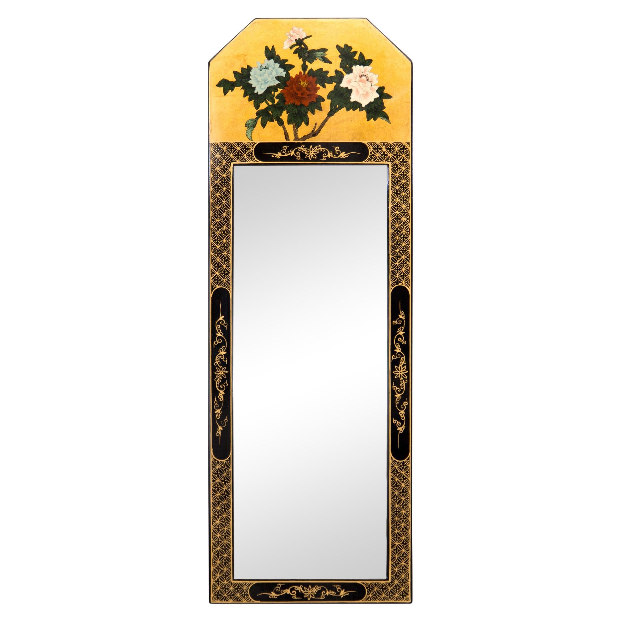 Vintage Chinoiserie Black and Gold Lacquered Floral Motif Trumeau Mirror 4